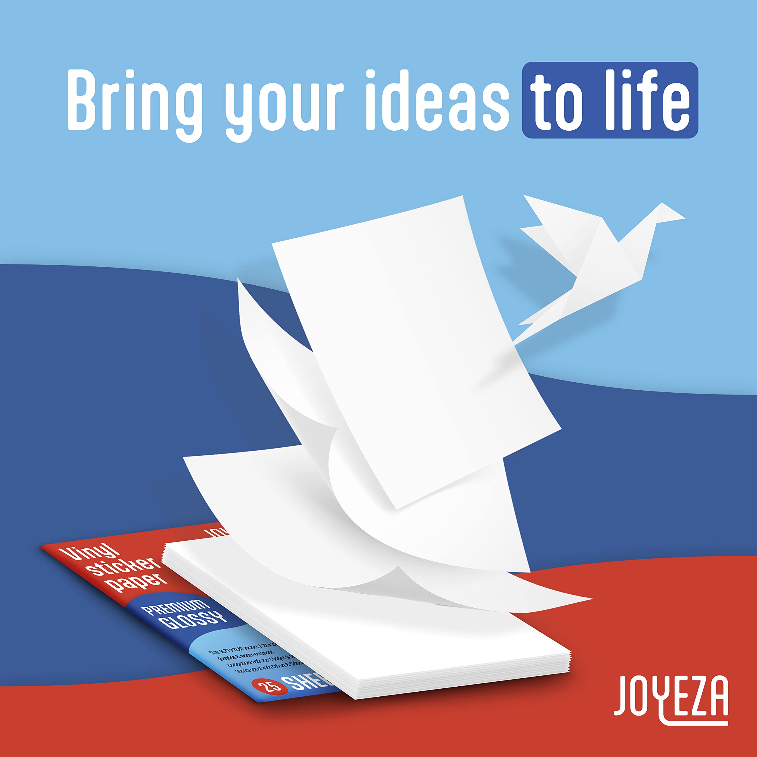 JOYEZA Premium Printable Vinyl Sticker Paper for Inkjet Printer - 25 Sheets Glossy White Waterproof, Dries Quickly Vivid Colors, Holds Ink Well - Inkjet & Laser Printer