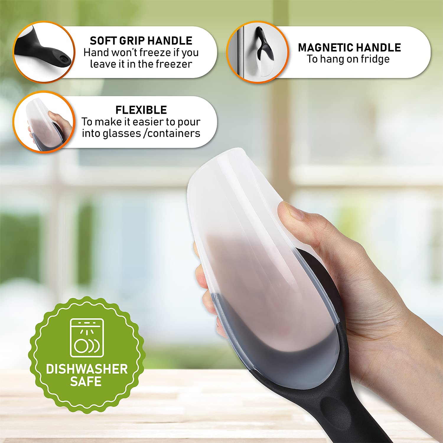 Spring Chef Magnetic Ice Scoop for Freezer - BPA-Free Flexi-Plastic Popcorn Scoop with Soft Grip Handle - Dishwasher Safe Ice Scooper - Kitchen Food Scooper for Flour, Grains, Candy, Pet Food - Black