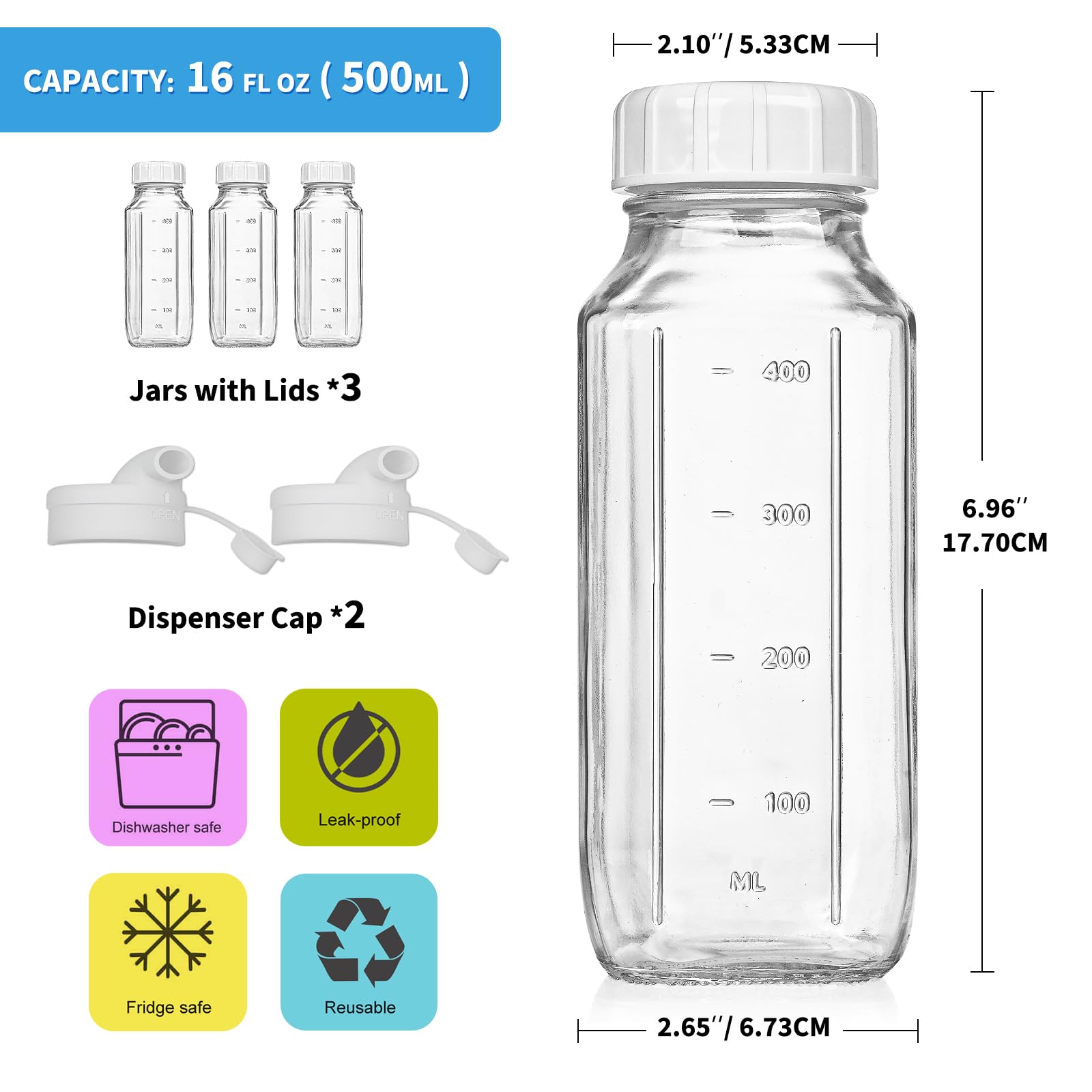 Glass Juice Bottles with Lids, 3 Pack Clear Glass Water Bottles w 2 Pour Spouts, 16 Oz Reusable Milk Jug w 100% Airtight Cap and Scale for Juicing Containers, Breast Milk Storage, Drinking Jar