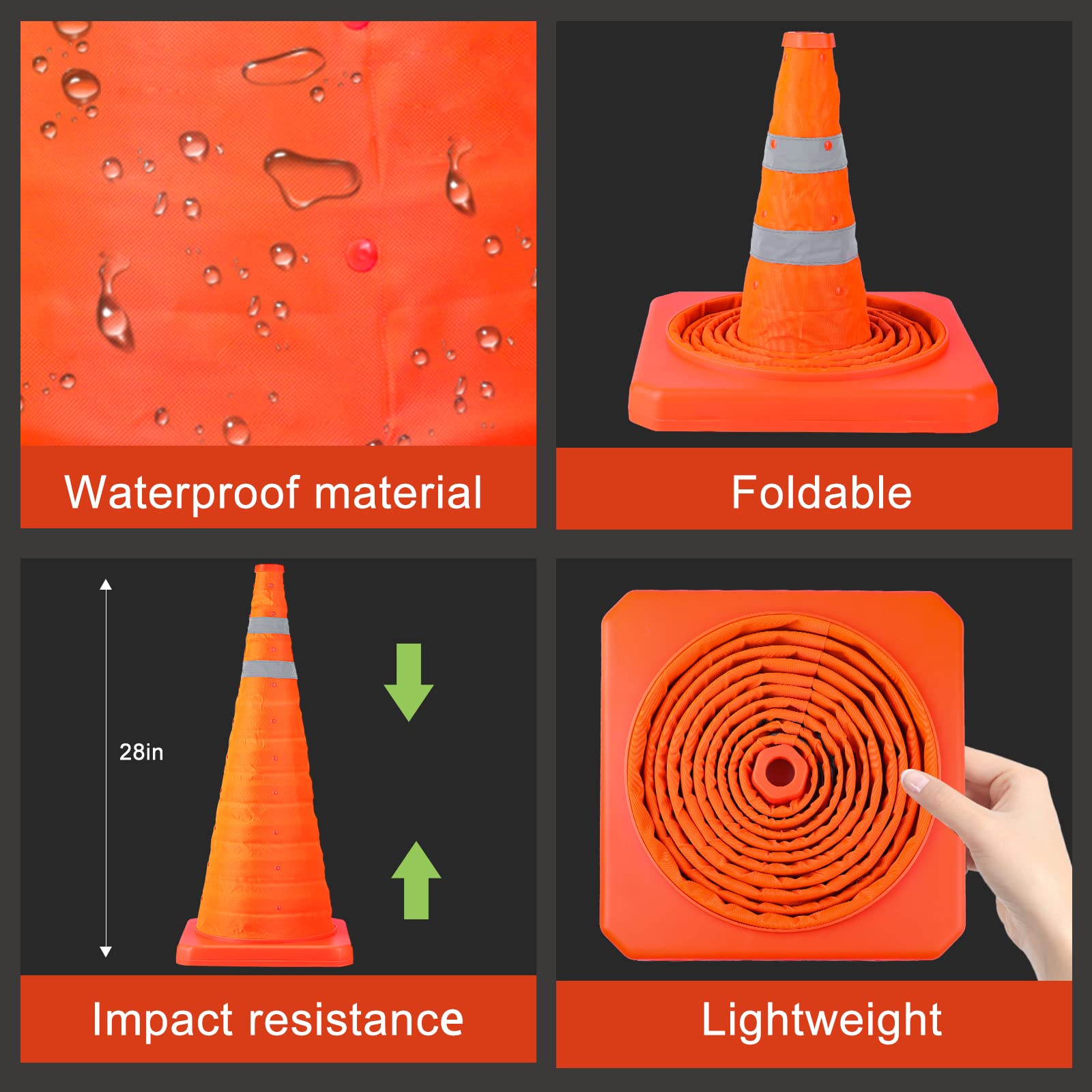 [2 Pack]28 Inch Collapsible Traffic Safety Cones - Parking Cones with Reflective Collars, Orange Safety Cones for Parking lot, Driveway, Driving Training etc