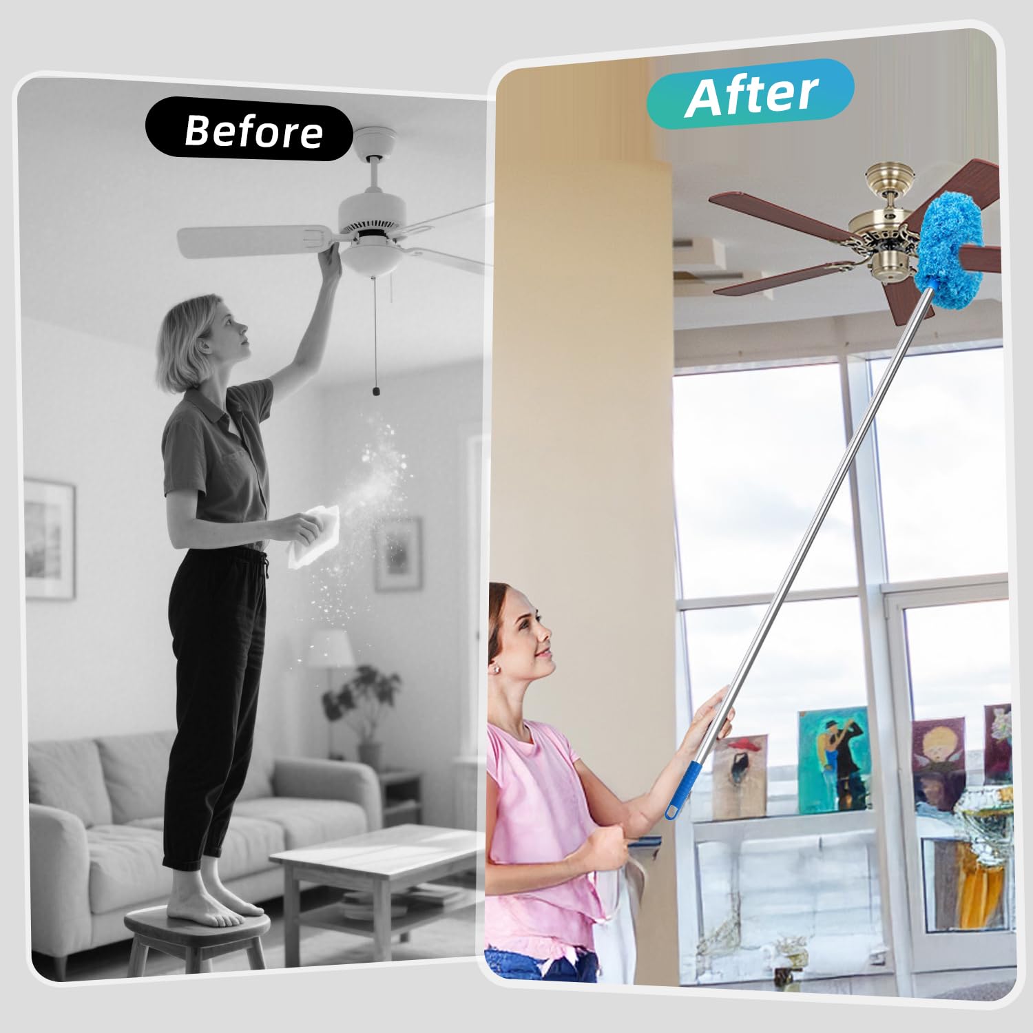 DRQ Ceiling Fan Cleaner Duster, Reusable Microfiber Duster with Extension Pole, 13 to 48 Inch Fan Blade Cleaner, Removable Dusters for Cleaning Walls Bookshelves Door Window Top (Blue)