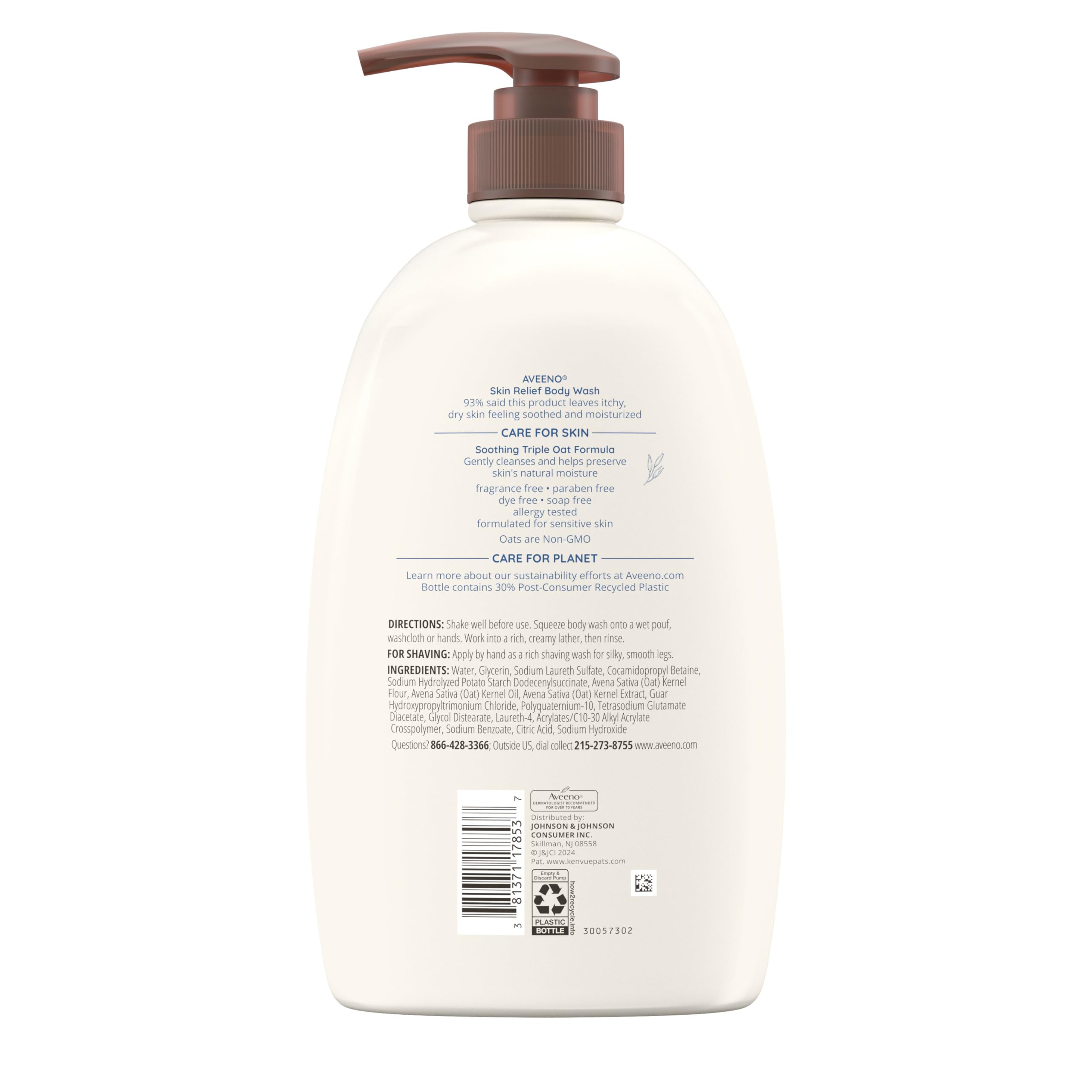Aveeno Skin Relief Fragrance Free Body Wash, Triple Oat Formula, Gentle Daily Cleanser for Itchy Dry Sensitive Skin, Soap & Paraben Free, Soothes & Moisturizes, 33 fl oz