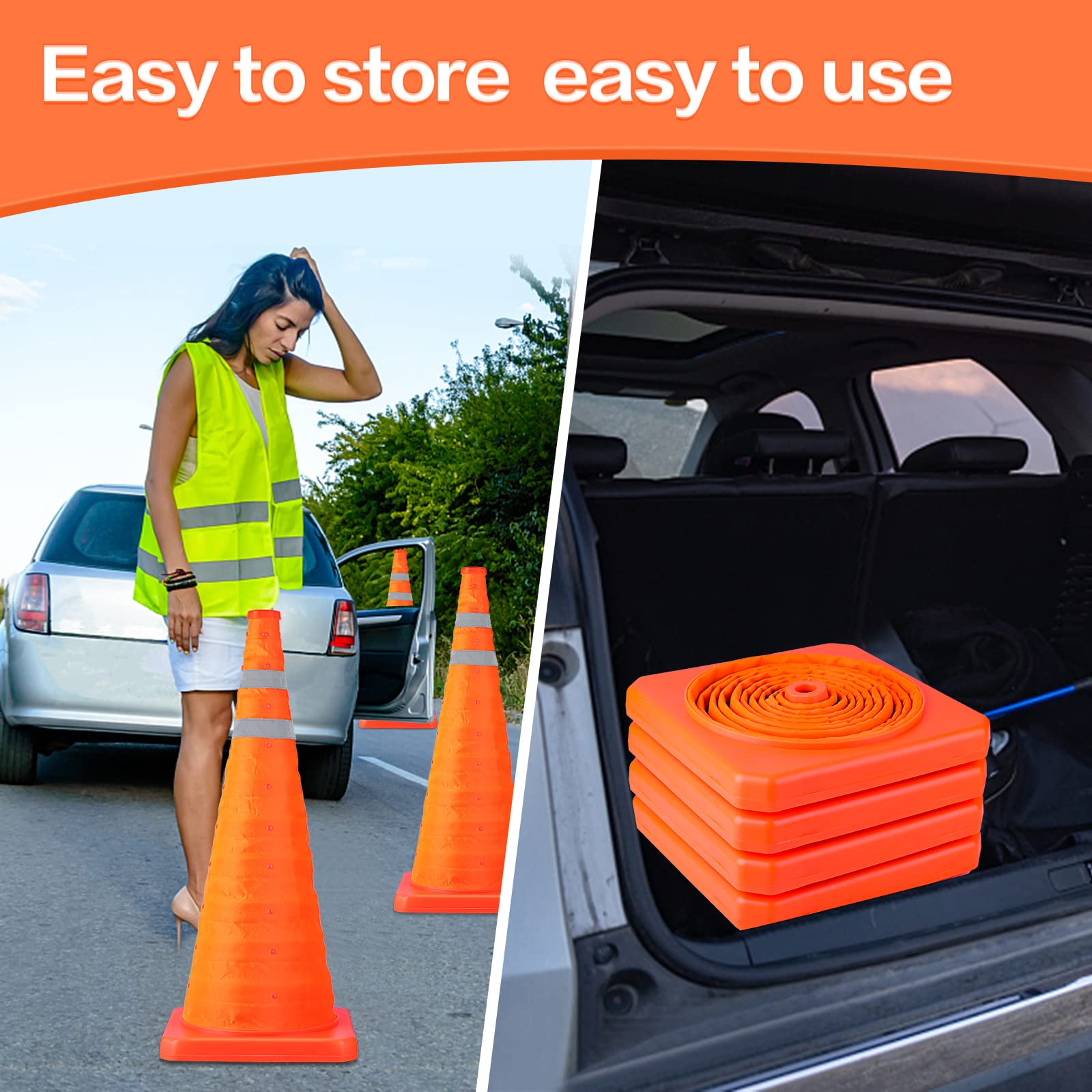 [2 Pack]28 Inch Collapsible Traffic Safety Cones - Parking Cones with Reflective Collars, Orange Safety Cones for Parking lot, Driveway, Driving Training etc