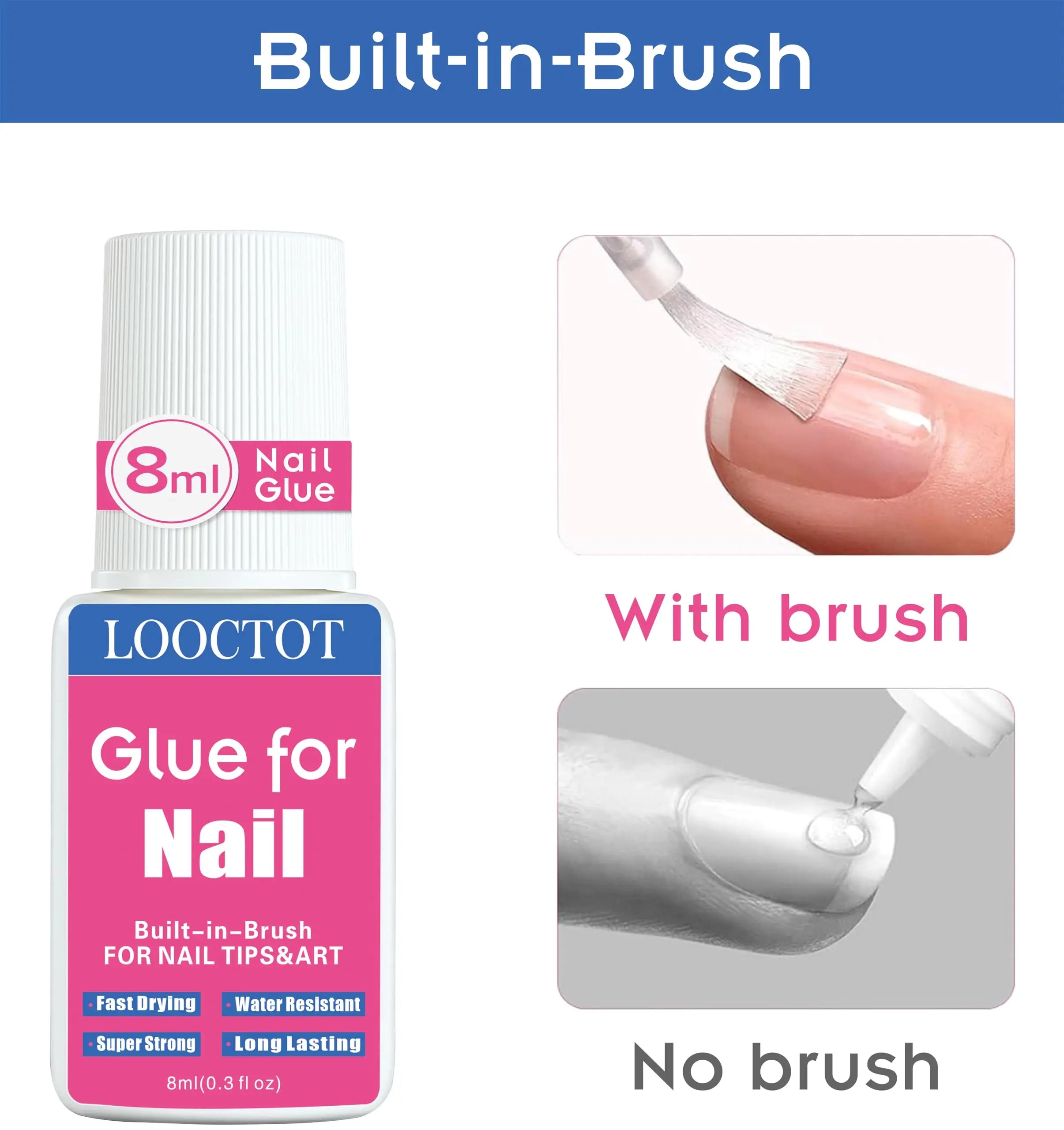 Super Strong Nail Glue for Nail Tips,Acrylic Nails and Press on Nails,Built in Brush on Nail Glue for Press on Nails,Long Lasting Nail Cement(8ml*2)