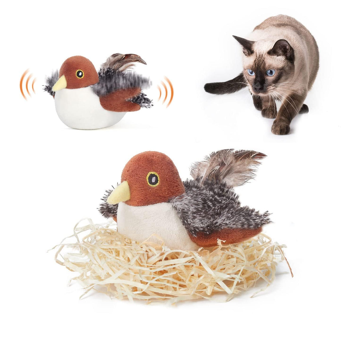 Potaroma Katzenspielzeug, wiederaufladbarer flatternder Spatz, lebensechtes Zwitschern, berührungsaktiviertes Kätzchenspielzeug, interaktives Katzen-Trainingsspielzeug für alle Rassen, Katzen-Kicker, Katzenminze-Spielzeug, 10,2 cm