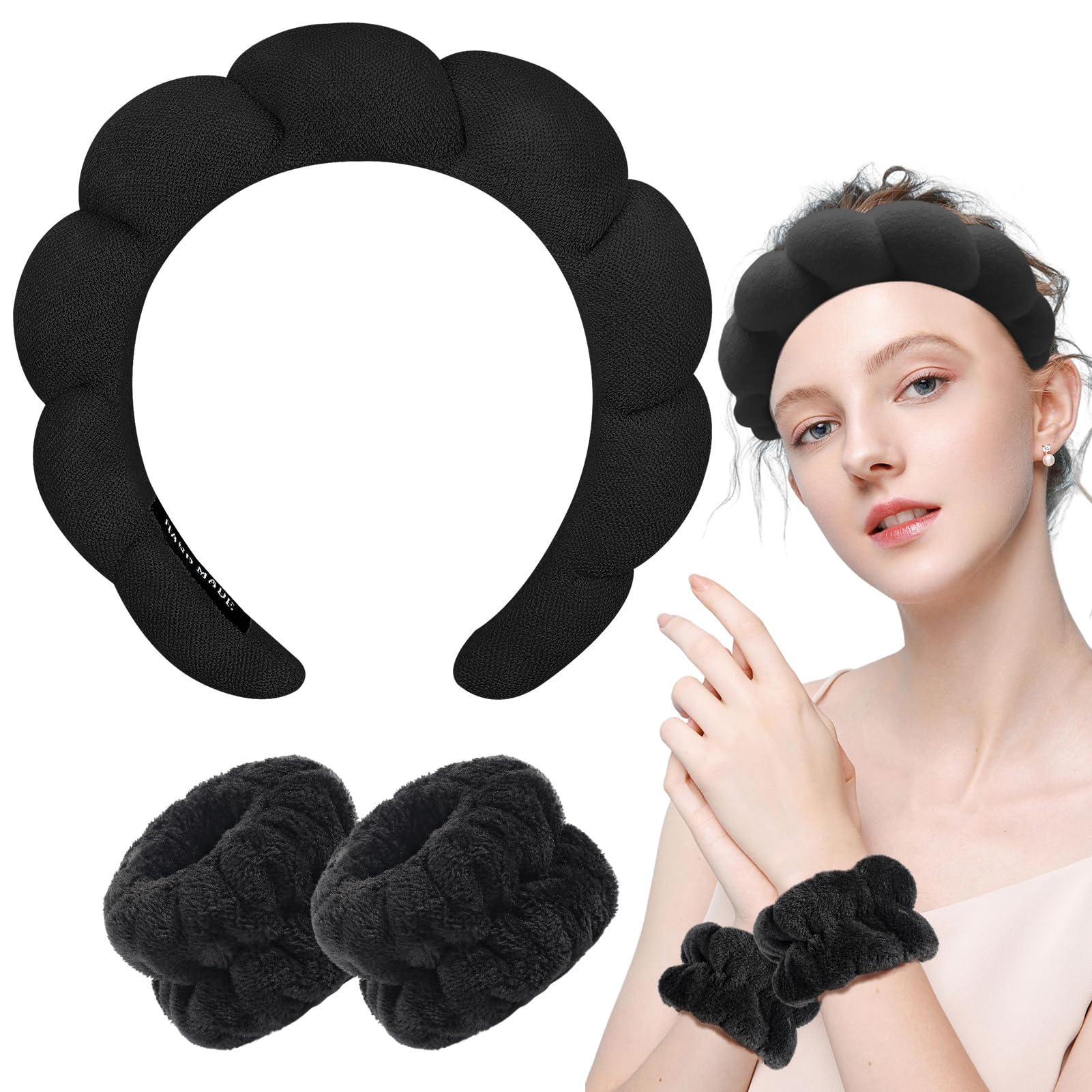 Zkptops Spa Headband for Washing Face Wristband Sponge Makeup Skincare Headband Terry Cloth Bubble Soft Get Ready Hairband for Women Girl Puffy Padded Headwear Non Slip Thick Hair Accessory(Black)