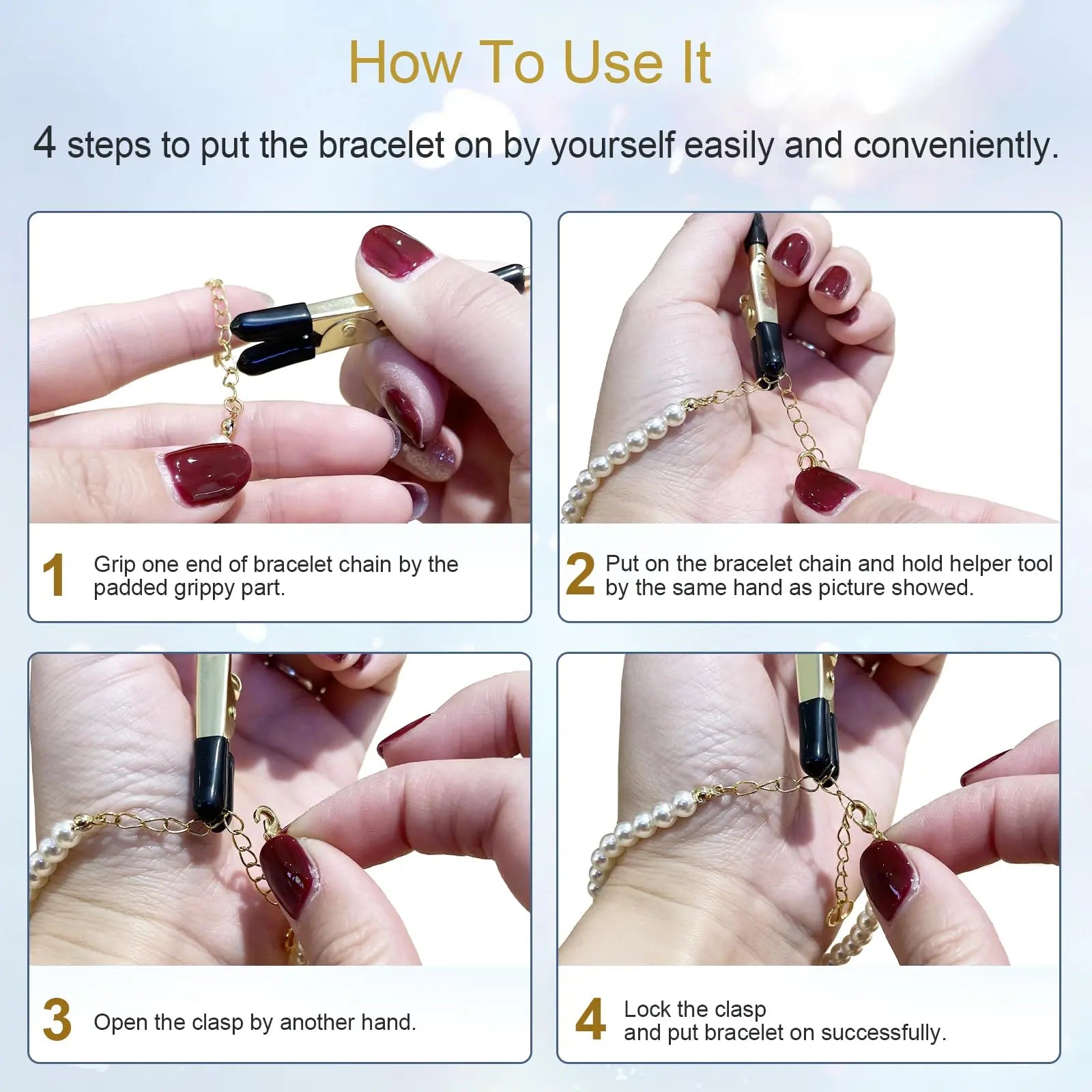 ATARASIA 3Pcs Bracelet Helper Tool - Quick Release Fastening Helpers Tool Hooks for Jewelry, Watch, Chain Bracelet Wearing - Easy to Put on Yourself - with Non-Slip Rubber Tips