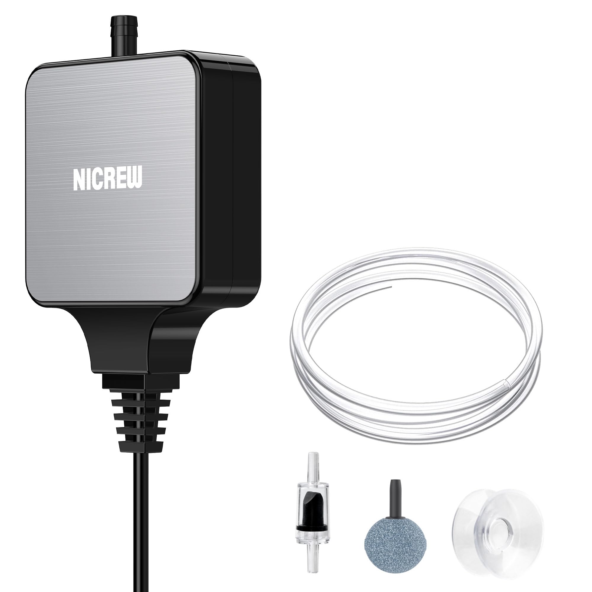 NICREW Nano Silent Aquarienluftpumpe Schwarz, Aquarienbelüfter mit Zubehör für Aquarien bis 38 Liter, Super leise, 0,3 L/min, 1,5 Watt