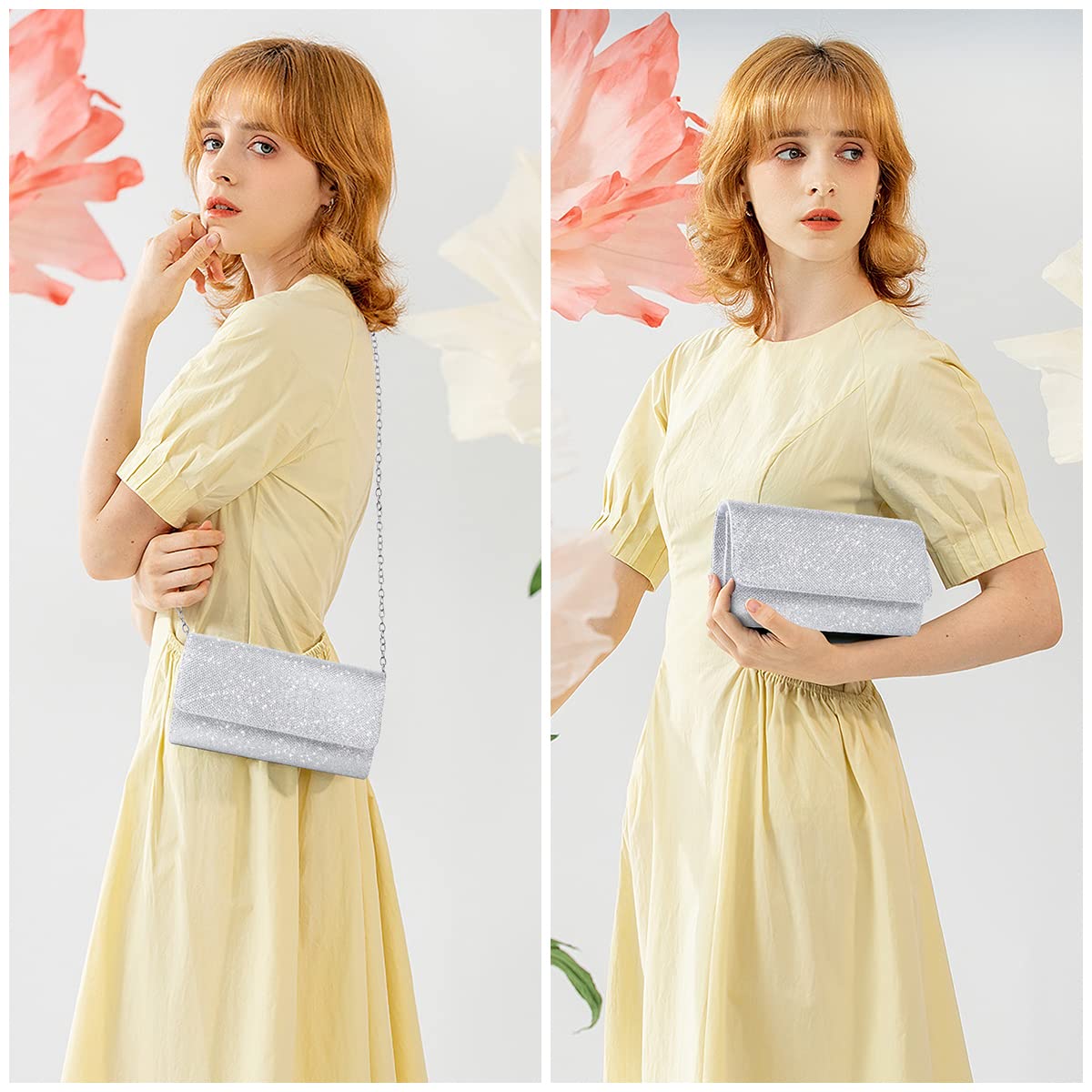 OSDUE Evening Bag Clutch Purses for Women, Glitter Evening Bag Sparkling Envelope Packet with Detachable Chain for Prom Wedding Party Banquet Date (Silver)