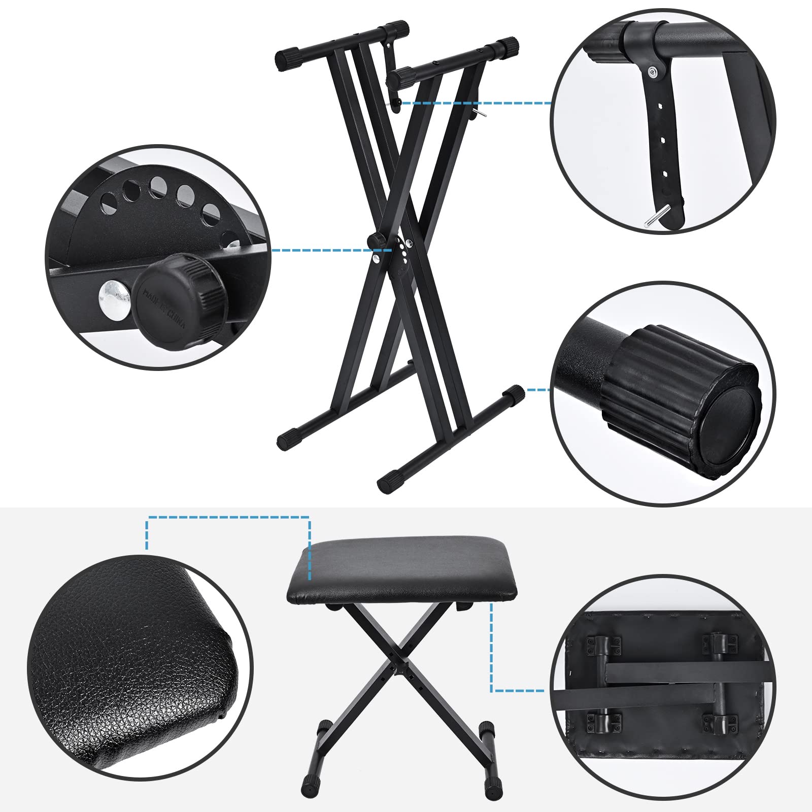 tipatyard Keyboard & Bench Set, 2024 Upgrade Heavy Duty Double-X Keyboard Stand, Adjustable & Portable Digital Piano Stand with Locking Straps
