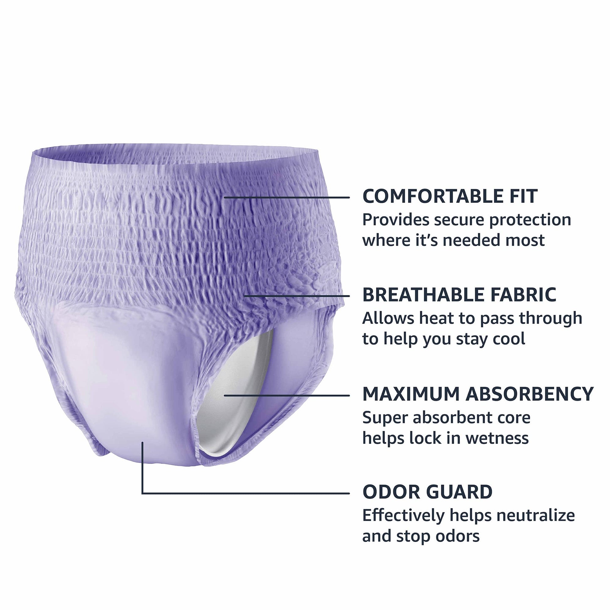 Amazon Basics Incontinence Underwear for Women, Protective, Disposable, Postpartum, Maximum Absorbency, Large, Lavender, 54 Count (3 Packs of 18)