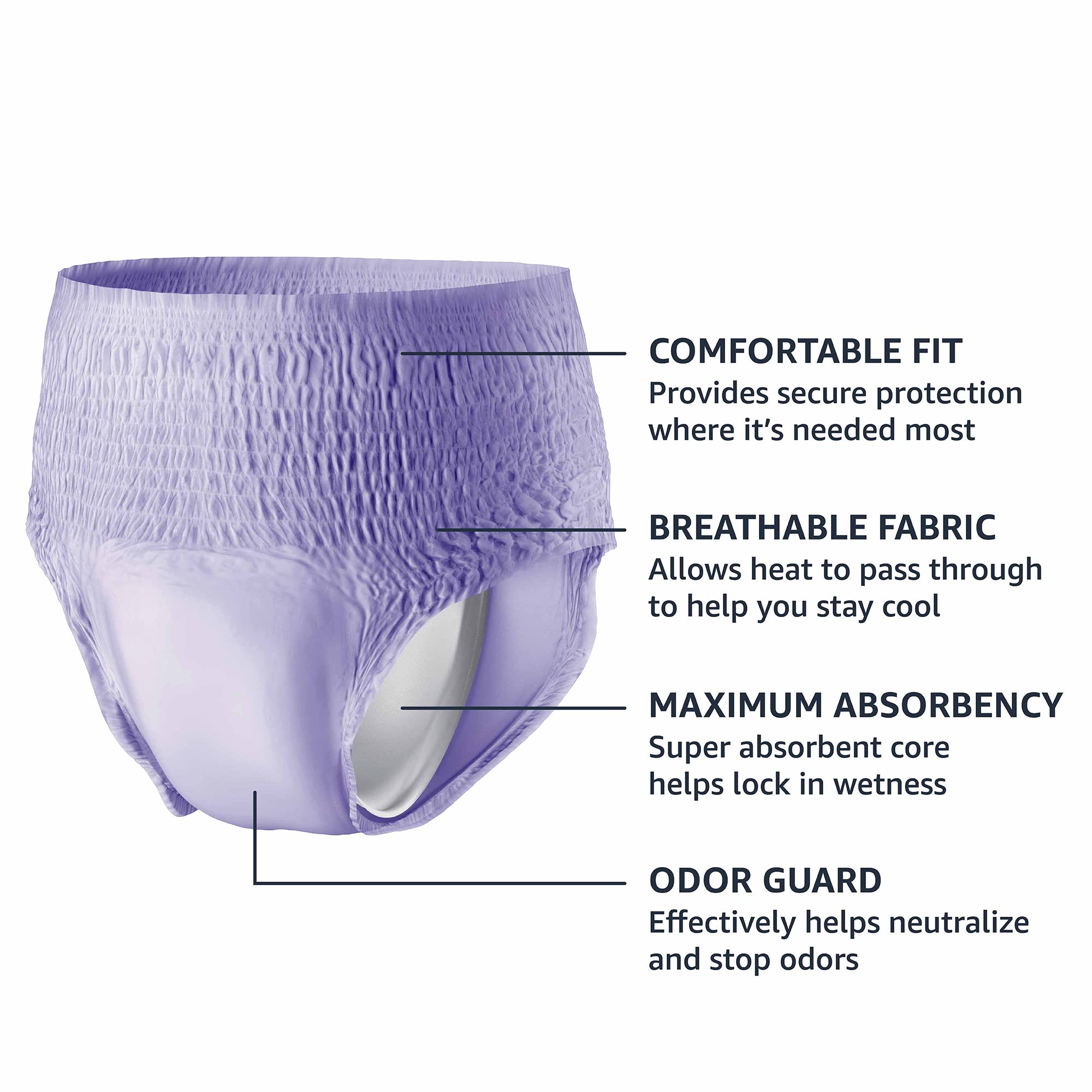 Amazon Basics Incontinence Underwear for Women, Protective, Disposable, Postpartum, Maximum Absorbency, Large, Lavender, 54 Count (3 Packs of 18)