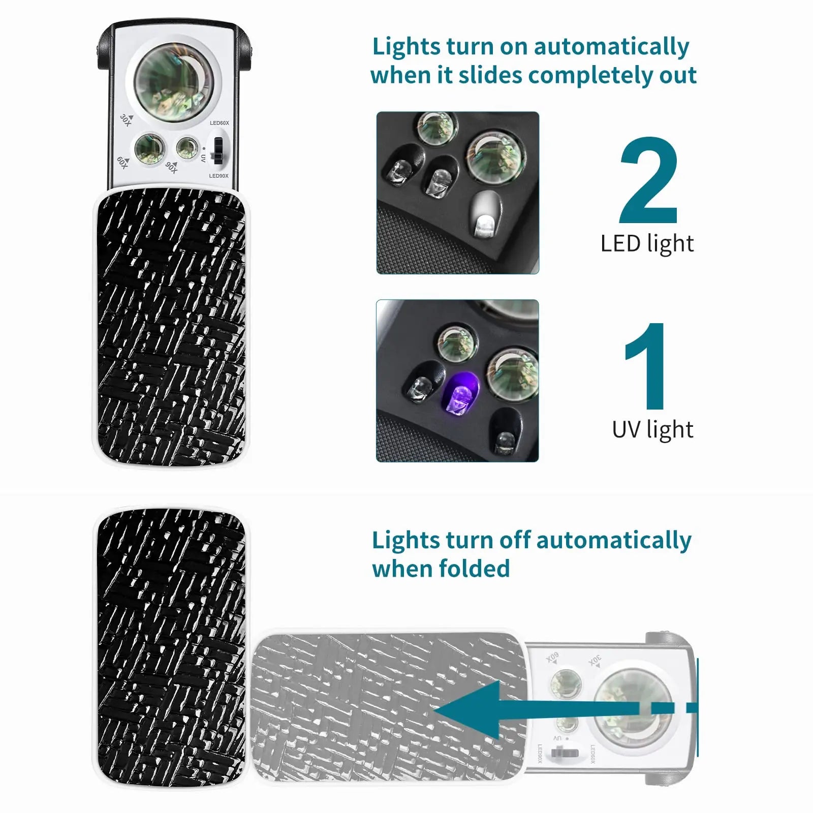 JARLINK 2 Pack Jewelers Loupe, 30X 60X 90X Illuminated Jewelers Eye Magnifier and Magnifying Glass Loop with UV Black Light and Bright LED Light for Gems, Jewelry, Diamond, Coins, Stamps (Black)