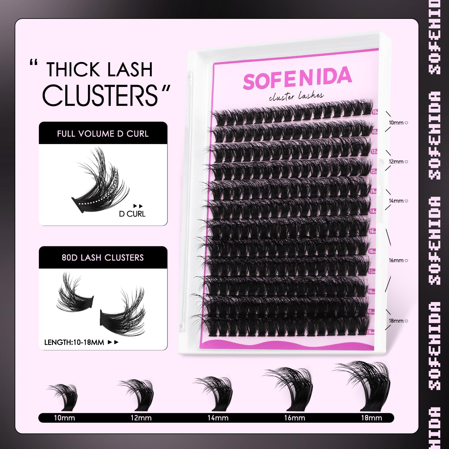 SOFENIDA Lash Clusters Kit 80D Lash Clusters Kit 10-18mm Volume Eyelash Clusters D Curl Cluster Eyelash Extensions 3D Wispy Lashes Clusters DIY Lash Extension Kit(80D-10-18MIX Thick Kit)