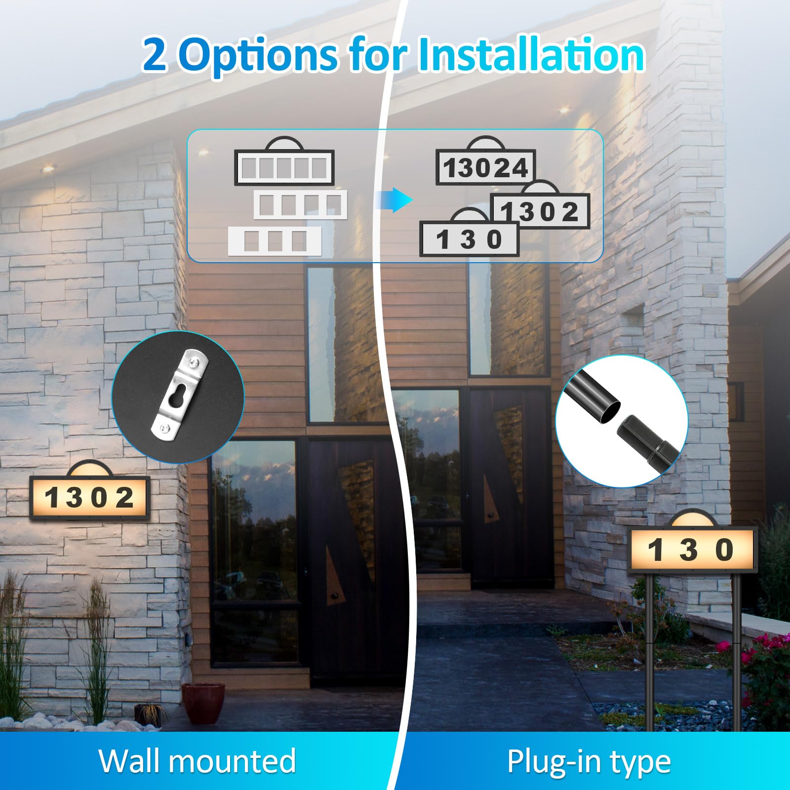 Solar Address Signs for Yard, Solar Powered Address Sign with Warm White & Cold White, IP65 Waterproof Solar House Numbers for Outside, LED Illuminated Plaques Wall Mounted & In Ground