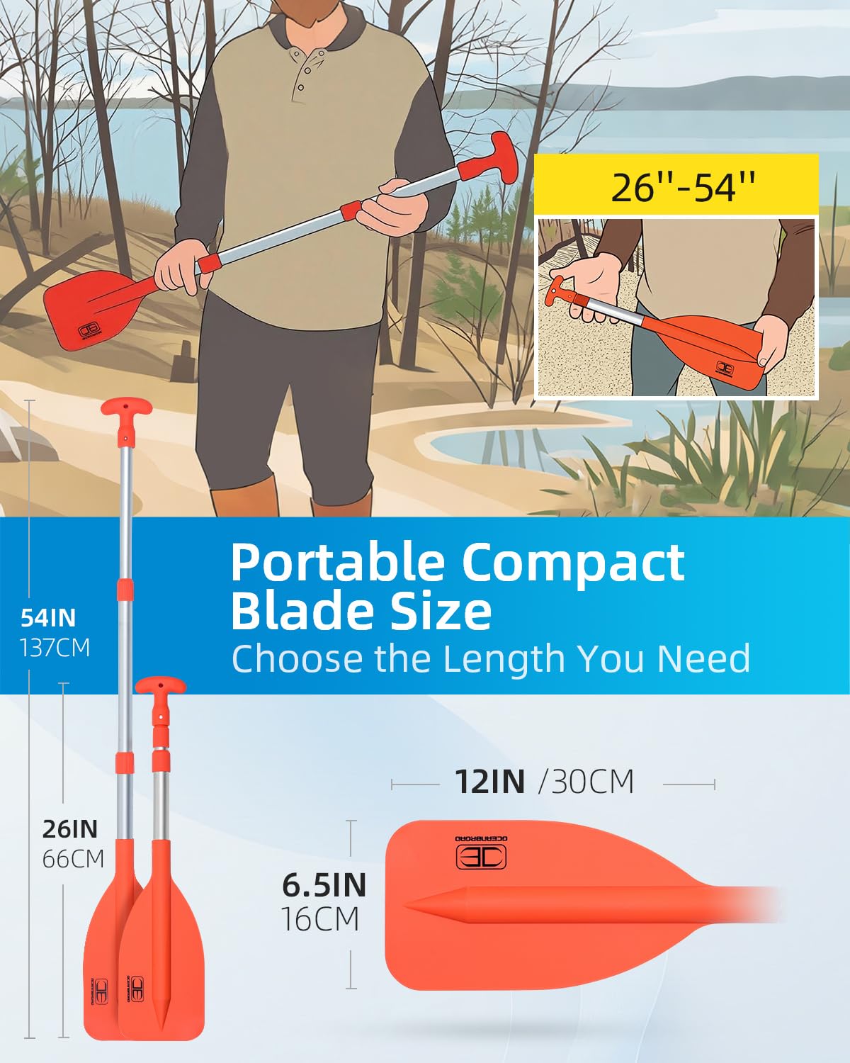 OCEANBROAD Telescoping Emergency Paddle 21''-42''（Assembling Required） Collapsible Paddles Aluminium Shaft for Kayaking Boating Canoeing River Tubing, Orange, 1 Paddle
