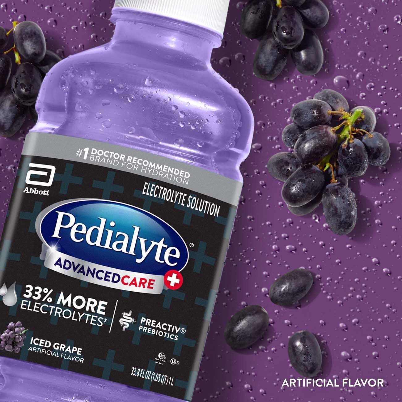 Pedialyte AdvancedCare Plus Electrolyte Hydration Drink, Has 33% More Electrolytes and Has PreActiv Prebiotics, Iced Grape, 1 Liter, Pack of 4