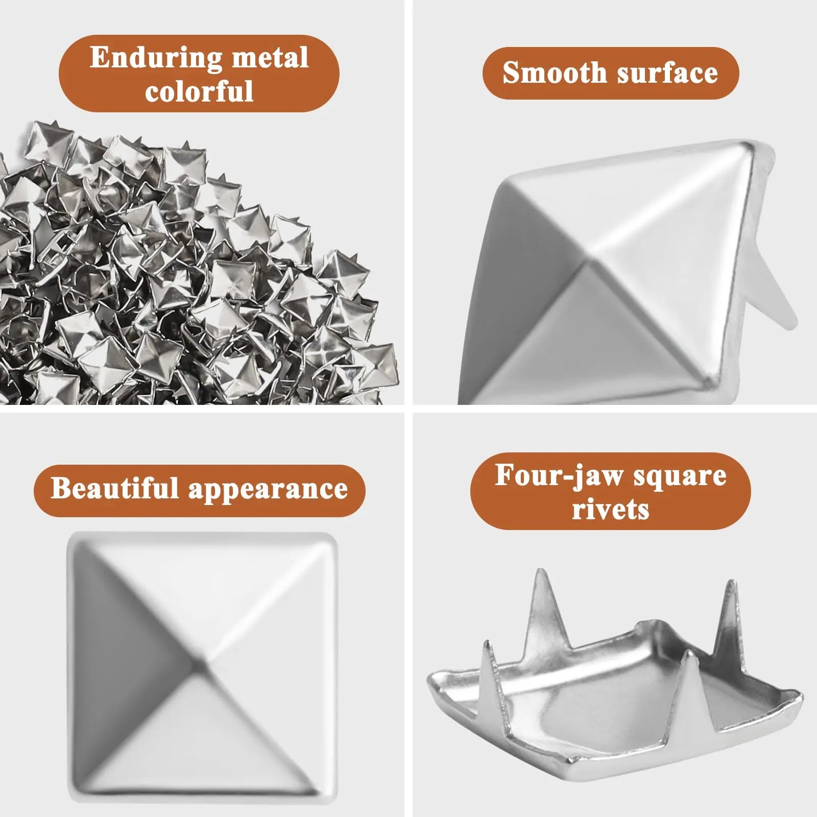 SBYURE 1000 Pieces 10mm Silver Studs for Clothing Four-jaw Square Spikes for Crafts Punk Metal Spike Studs for Leather Jacket Bag Dog Collar