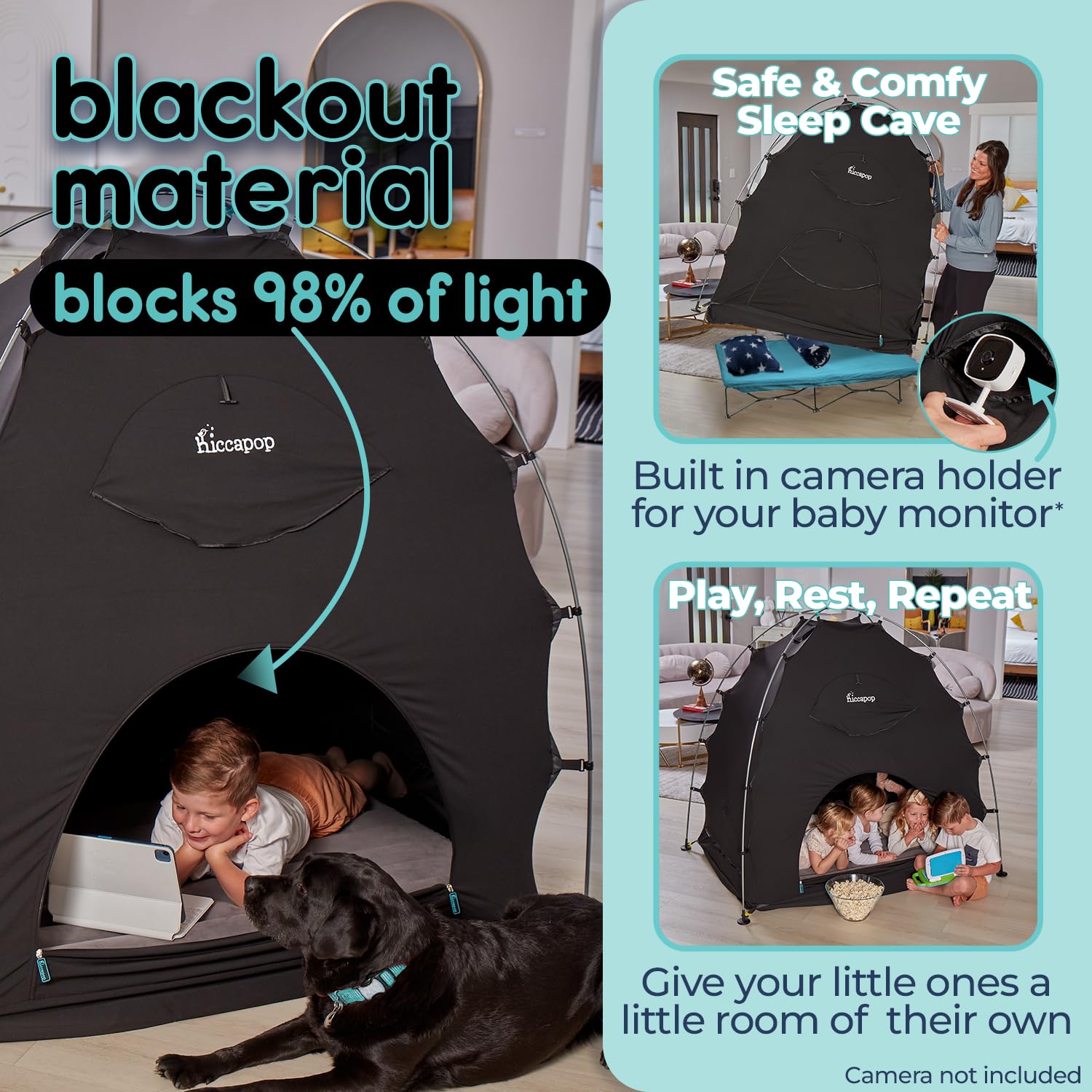 Hiccapop Daydreamer Blackout Tent for Pack and Play, Patented Portable Crib Tent, Blackout Canopy Crib Cover, Sleep Pod for Kids, Black