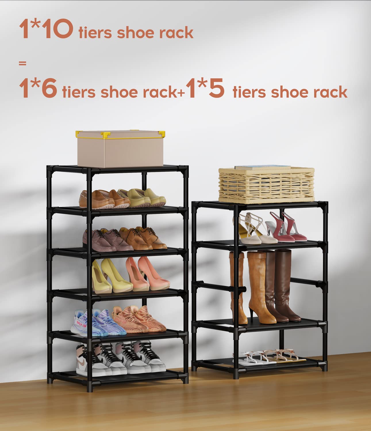 VTRIN Vertical Narrow Shoe Rack Organizer Tall Shoe Rack for Closet Entryway 10 Tier Non-Woven Cover Shoe Shelf Holds 20-22 Pairs Free Standing Shoe Storage Cabinet with Dustproof Cover, Black