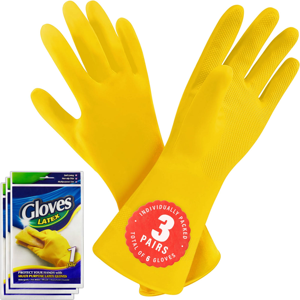 SteadMax 3/6 Pairs Cleaning Gloves, Reusable Natural Rubber Dish Gloves, Waterproof Latex Non-Slip Dishwashing Gloves for Kitchen and Household (Large, 3 Pack)