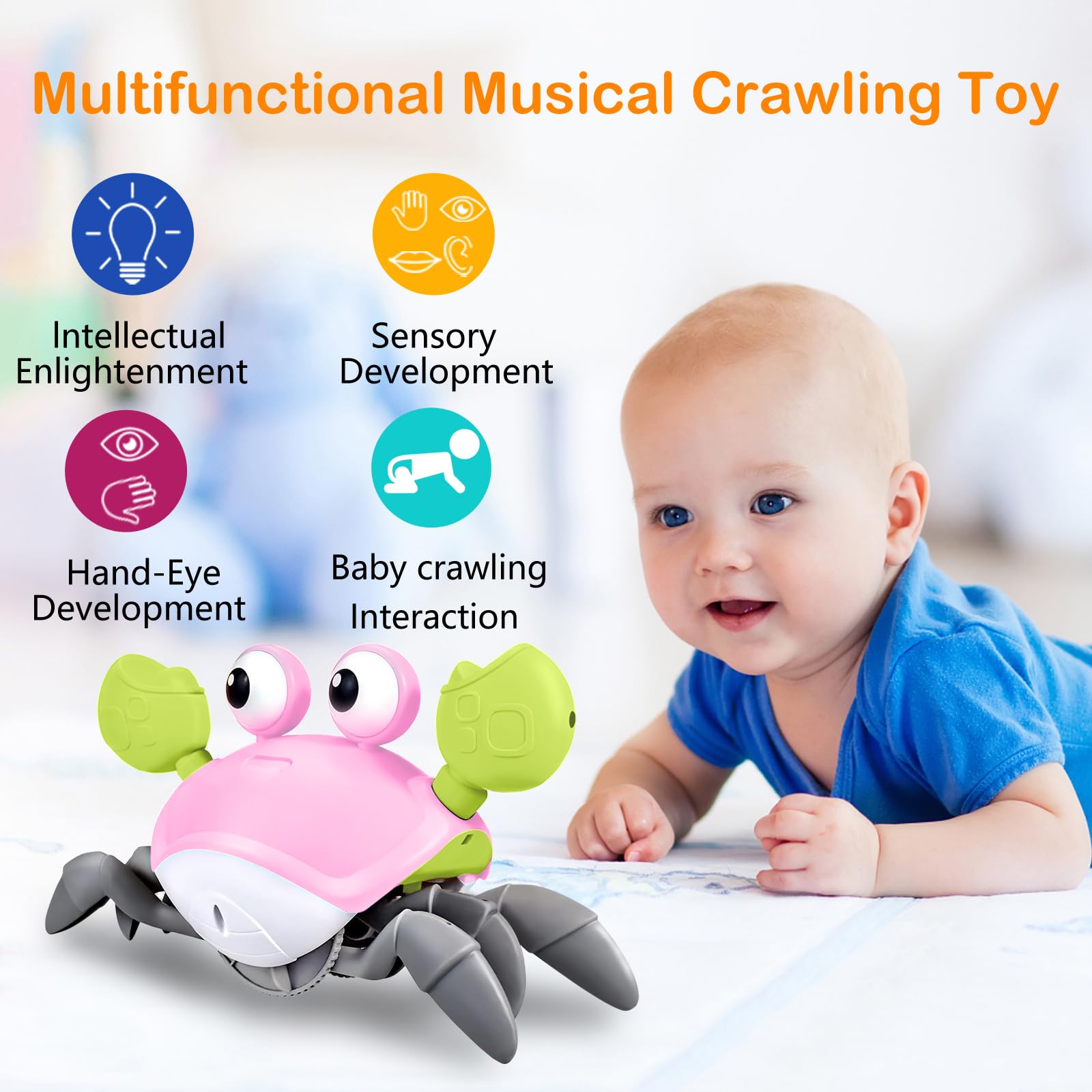 Plnmlls Crawling Crab Baby Toy - Tummy Time Toys - with Music and LED Light,Built-in Rechargeable Battery and Volume Can be Turned Off for 0-6 6-12 12-18 36 Months Walking Toddler Birthday Gift(Pink)