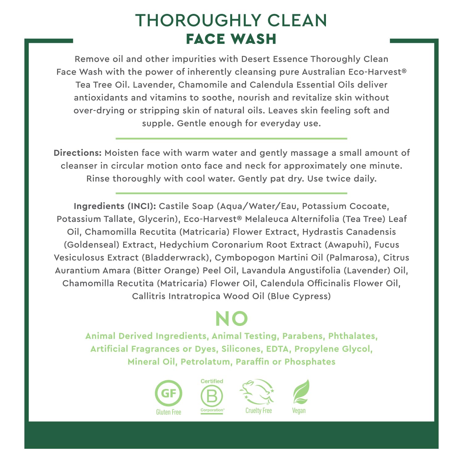 Desert Essence Thoroughly Clean Face Wash with Tea Tree Oil, Castile Soap and Coconut Oil - Organic Facial Cleanser for Sensitive and Oily Skin, Vegan & Cruelty-Free, 32 fl oz
