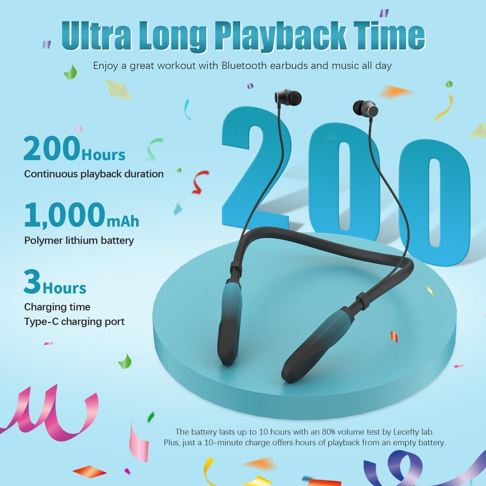 Lecefty Neckband Bluetooth Headphones, 200H Extra Long Playtime Wireless Stereo Neckband Earbuds with Microphone, Waterproof Balanced Armature Drivers in Ear Headset for Sports/Workout (Cyan Green)