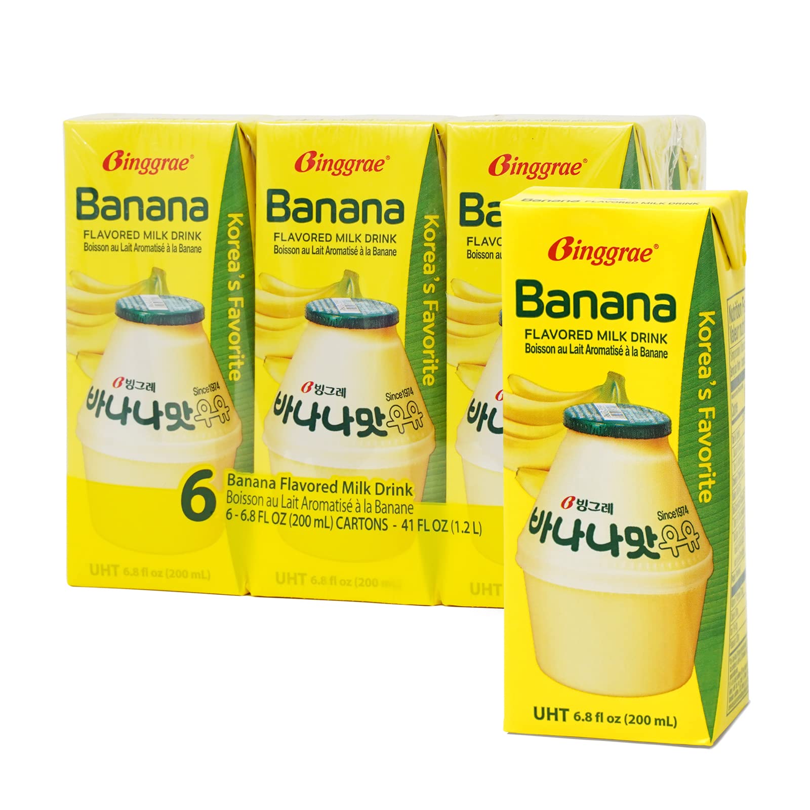 Binggrae Bananenmilchgetränk – Süßes und Cremiges Koreanisches Getränk – Haltbare 200ml Packungen – 6er-Pack