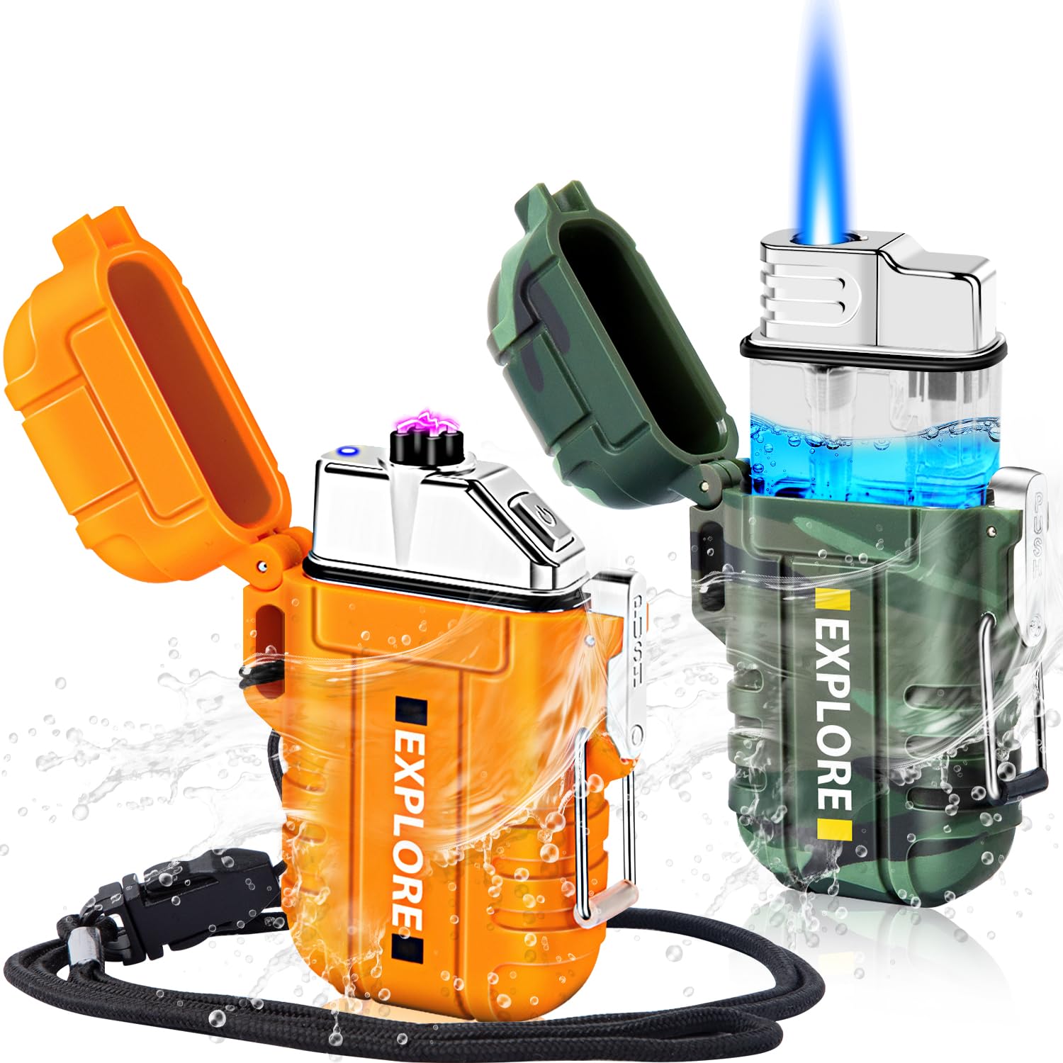 LcFun 2er-Pack wasserdichtes Outdoor-Feuerzeug, winddichtes Nachfüll-Sturmfeuerzeug Butan, elektrisches Dual-Arc-Plasma-Feuerzeug USB wiederaufladbar, taktische Survival-Ausrüstung Gadgets für Männer zum Camping, Wandern