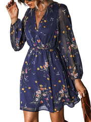 CUPSHE Women's Floral Print Sheer Chiffon A-Line Mini Dress Long Peasant Sleeves Elastic Autumn Dress,L