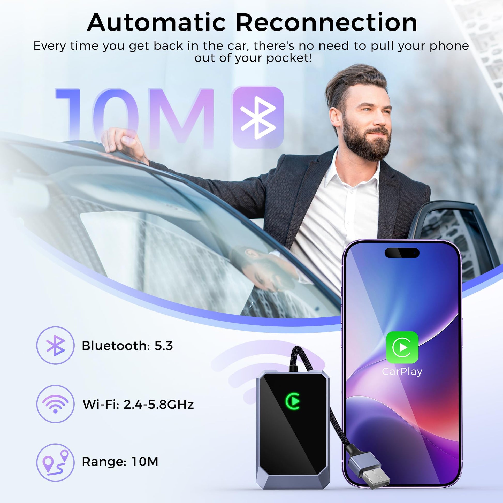TERUNSOUl Wireless CarPlay Adapter for Apple iPhone, Convert Wired CarPlay to Wireless, Plug-and-Play, Stable Connection Compatible with OEM Wired CarPlay Vehicles & iOS 10+