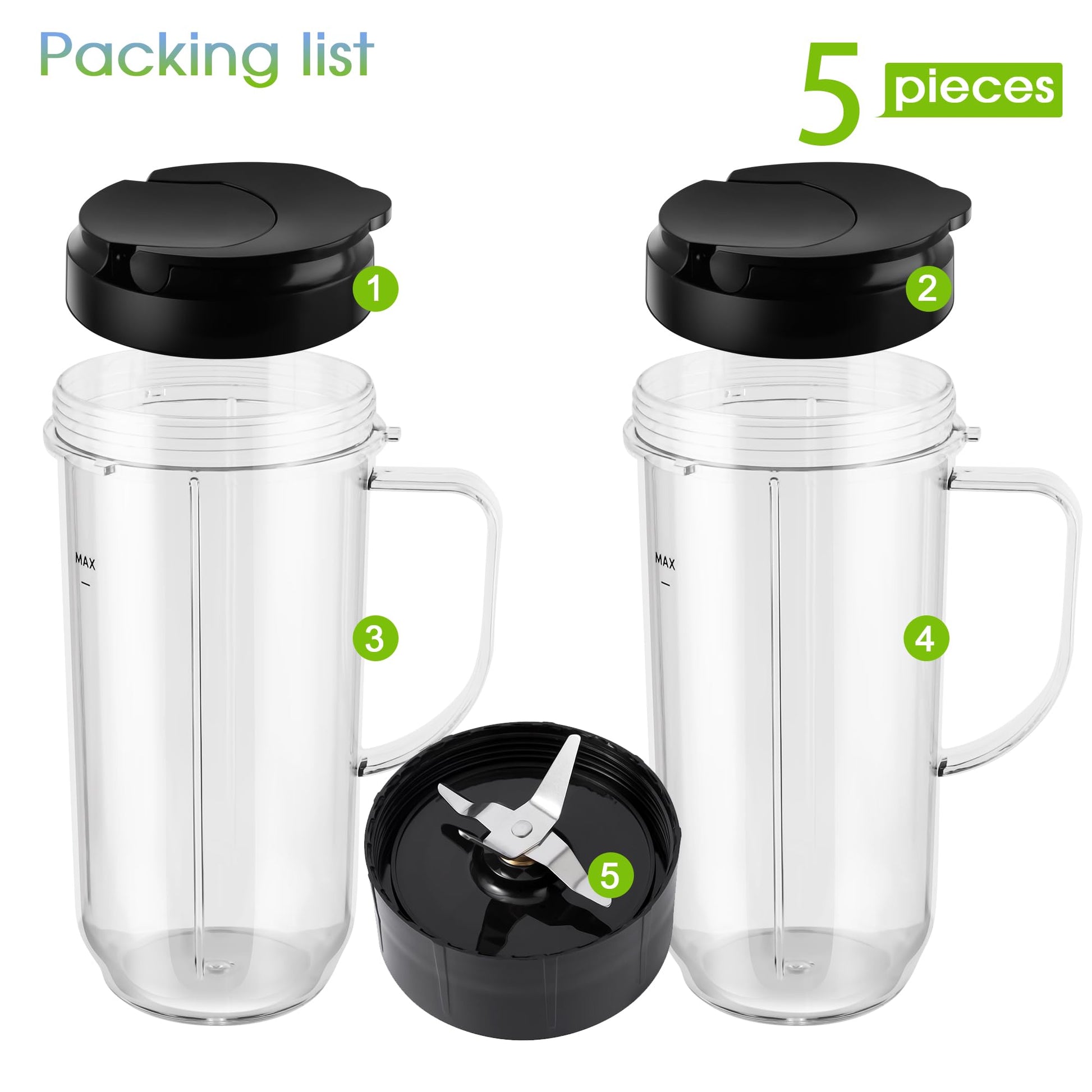 5-piece Magic Bullet Blender Cups, Tall 22oz Cup with Flip-Top To-Go Lid, Cross Blade, Blender Replacement Parts, Mug with Handle Compatible with Magic Bullet 250w MB1001