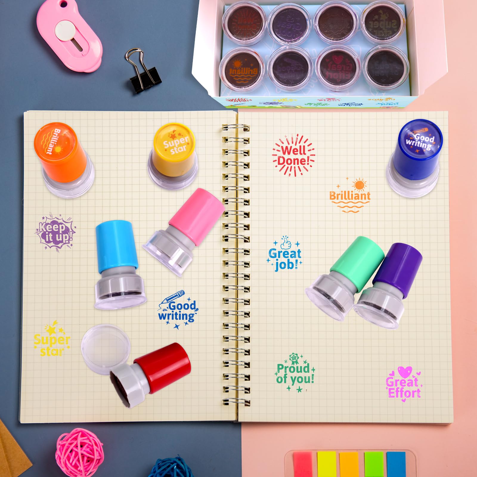 Fancy Land Teacher Stamps Self Inking for Classroom Rubber Stamp for Grading Homework Test Motivation Students Behavior Reward Supplies 8Pcs