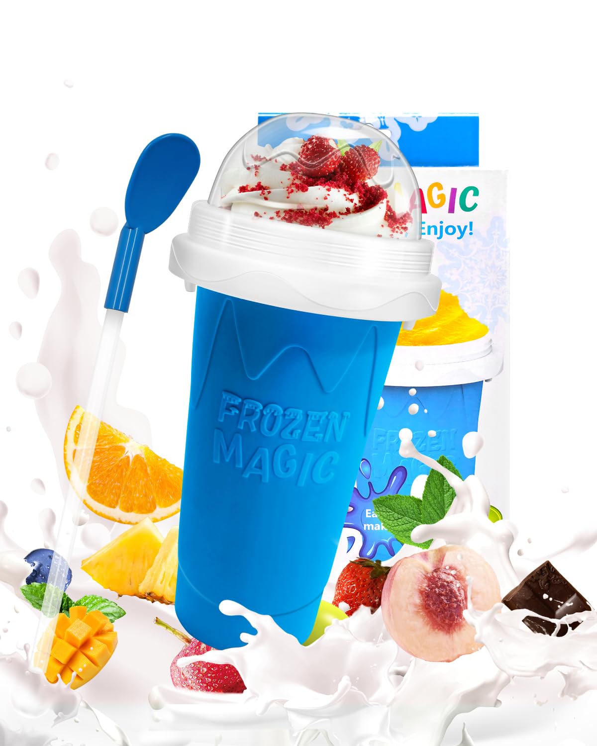 Bollove Slushy Maker Cup, DIY Magic Slushy Maker Squeeze Cup, Portable Smoothie Squeeze Cup for Juices, Milk and Ice Cream Make, Double Layers Silica Cup with Lid & Straw (Blue), 7.87*4.33in