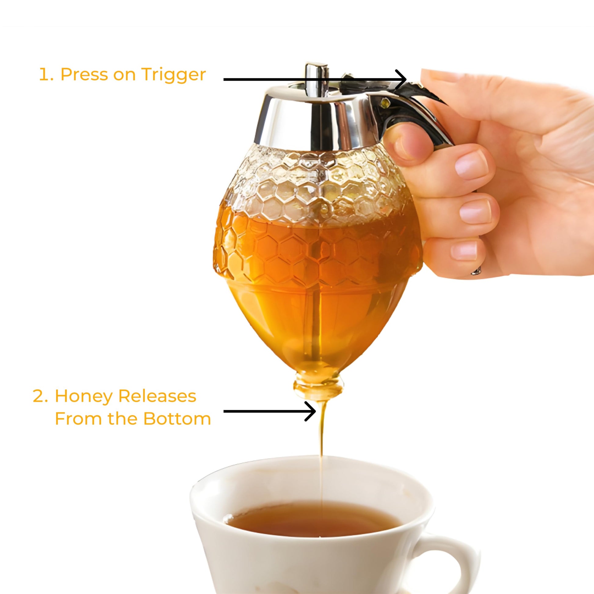 Hunnibi 8oz No Drip Glass Honey Dispenser with Plastic Top - Honeycomb-Style Syrup Server and Bee-Themed Storage Jar with Stand - 6" Clear Container for Honey, Maple Syrup