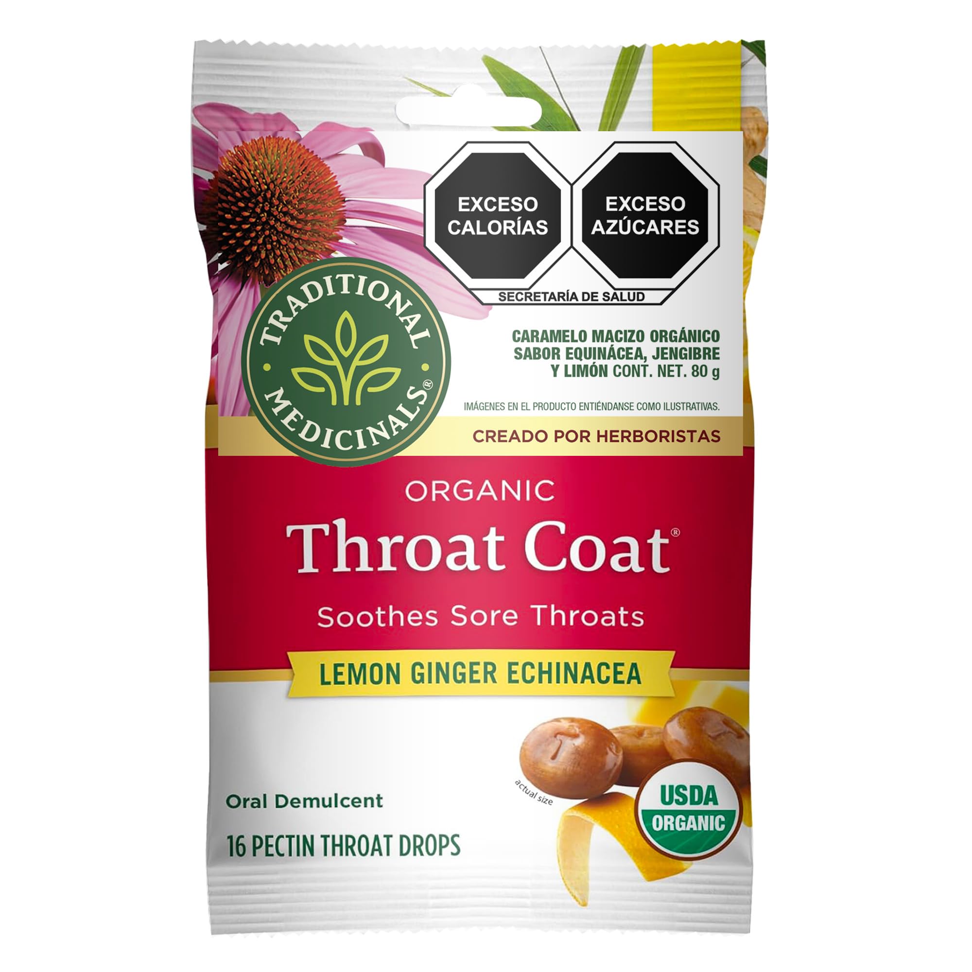 Traditional Medicinals Lozenges, Organic Throat Coat Lemon Ginger Echinacea, Sore Throat Support, 16 Individually Wrapped Lozenges