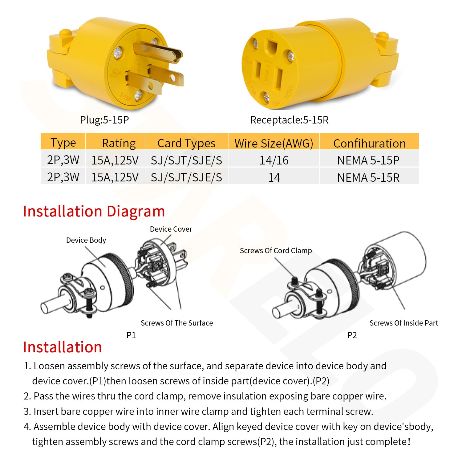 STARELO Extension Cord Ends,Electrical Replacement Plug & Connector Set Yellow Shell 125V 15A 2Pole 3Wire NEMA 5-15P & 5-15R Industrial Grade 3-Prong Straight Blade Grounding Type(5),UL Listed.