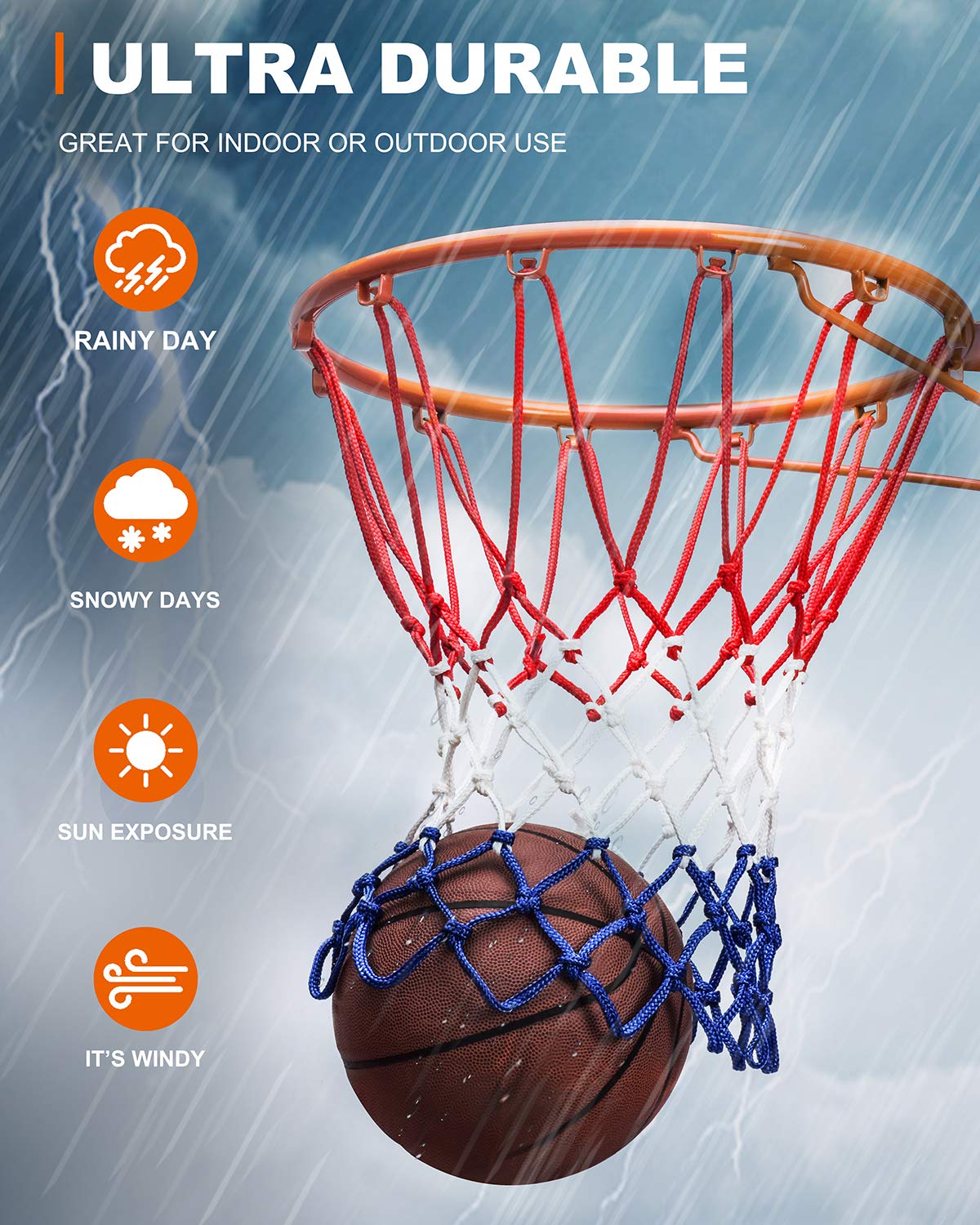 XXXYYY Basketball Net Replacement Heavy Duty, 2023 Professional On-Court Quality [6.88Ounce], Fits Outdoor Indoor Standard Rim, All Weather Anti Whip -12 Loops (Red White Blue)