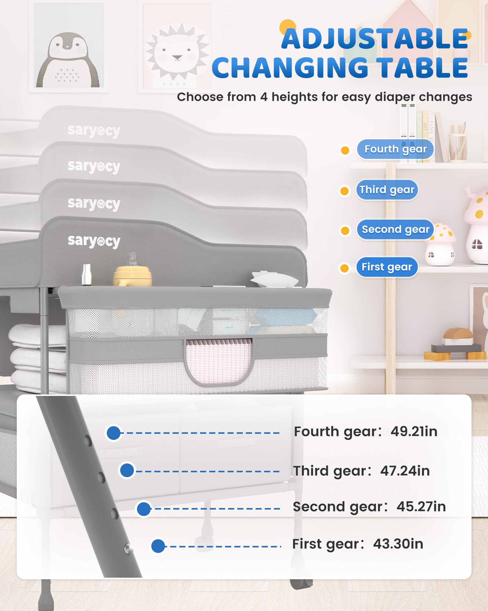 Saryocy Baby Changing Table, Versatile Folding Changing Table, Waterproof Diaper Changing Station, Adjustable Height with 2 Drawers,Baby Changing Station, Mobile Nursery for Infant and Newborn