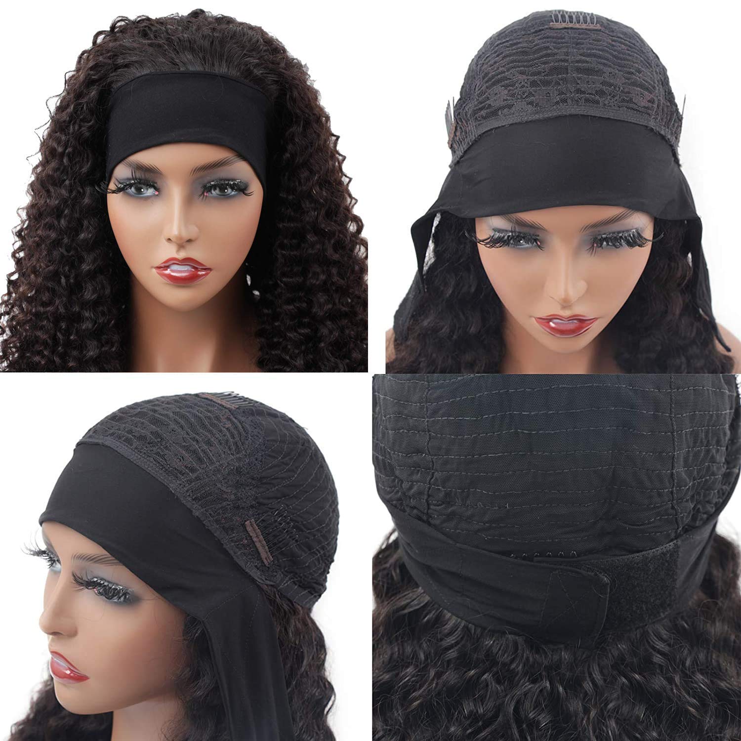 XSY Headband Wig Human Hair Deep Wave 16 Inch Curly Headband Wig Glueless None Lace Front Wigs for Black Women Half Wigs 150% Density Natural Color