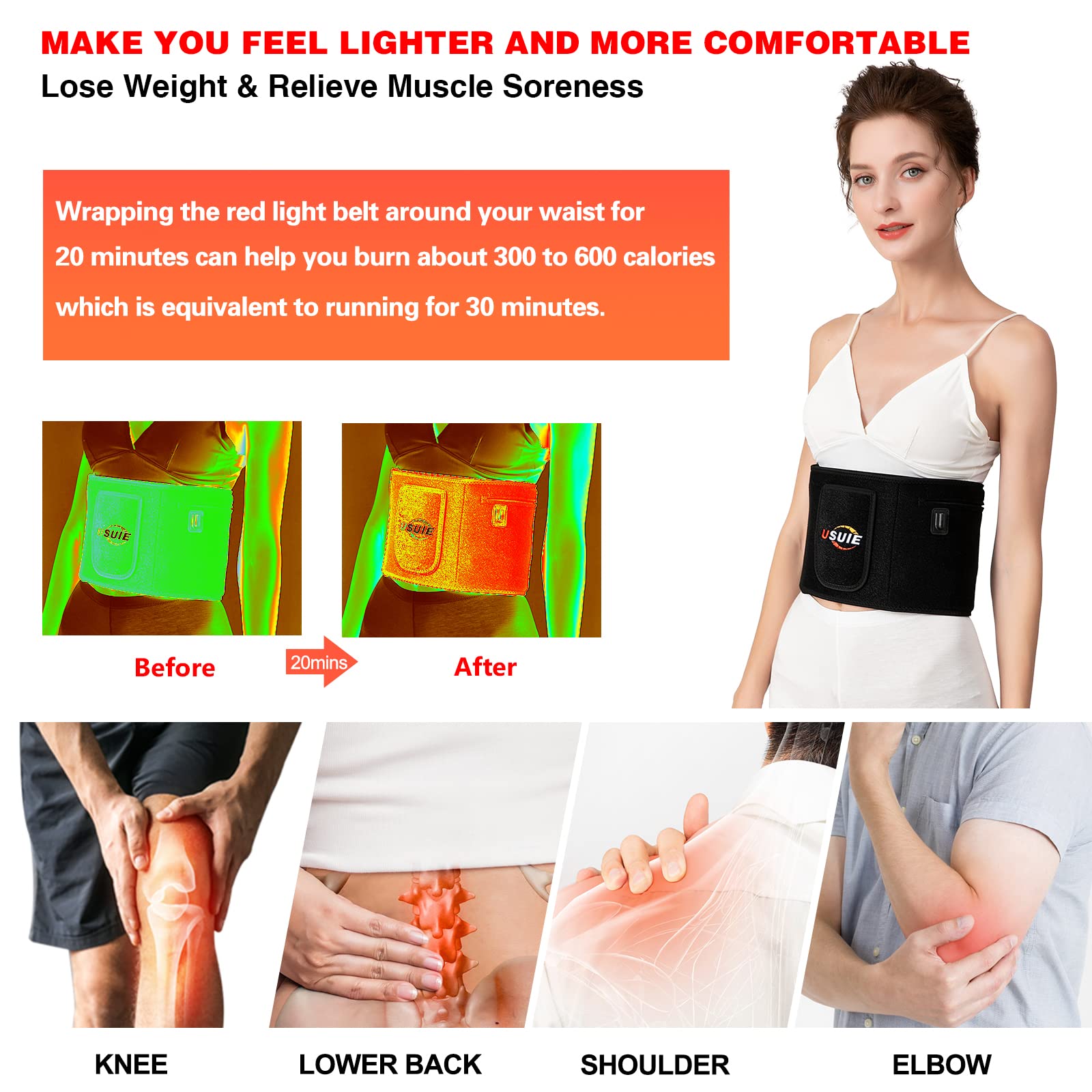 USUIE Red Light Therapy Belt, Infrared Light Therapy Wrap Red Light Therapy Device for Body with Timer for Back Shoulder Waist Muscle Pain Relief for Women Men