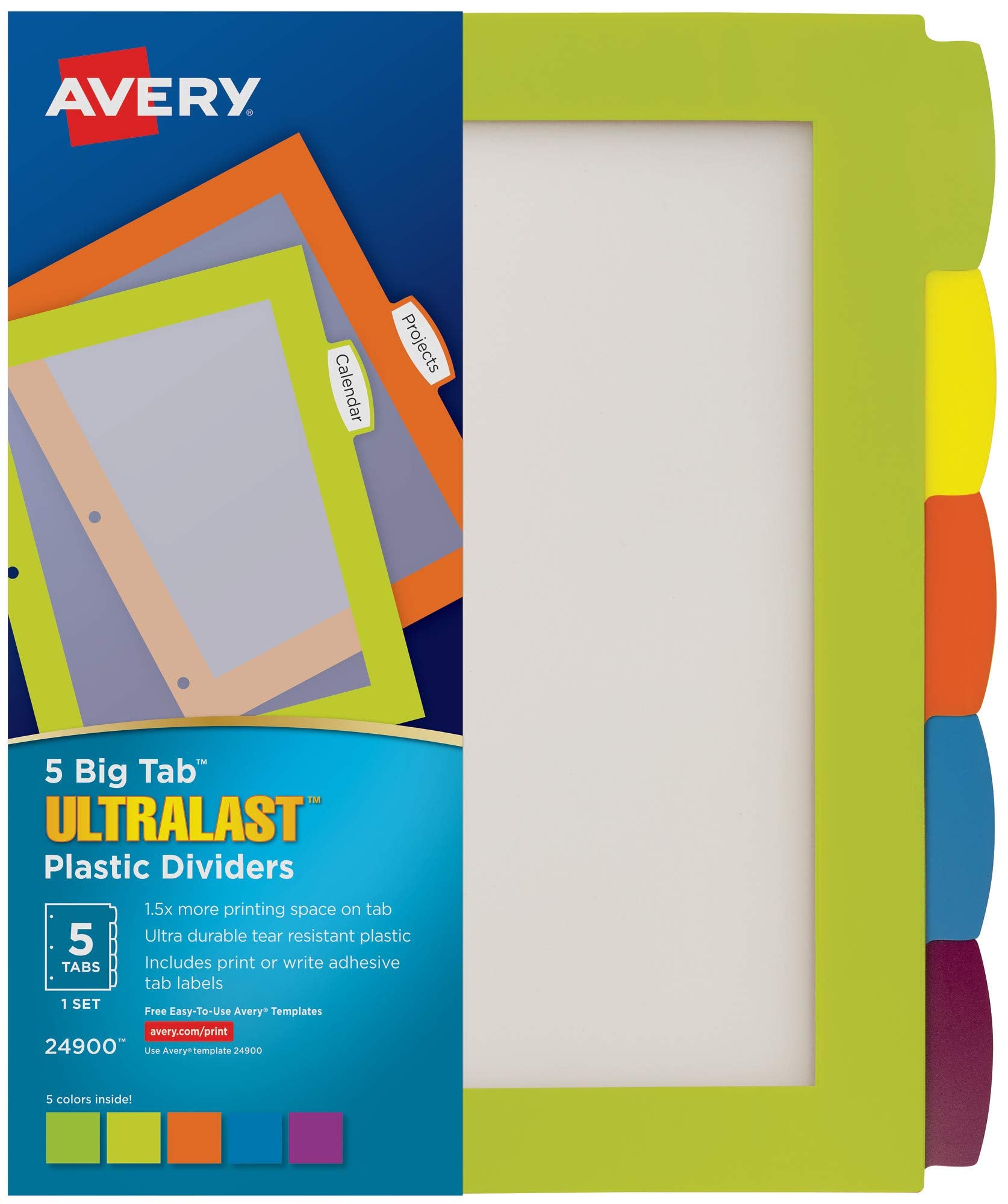 Avery Ultralast Big Tab Plastic Dividers for 3 Ring Binders, 5-Tab Set, Multicolor with White Labels, 1 Set (24900)