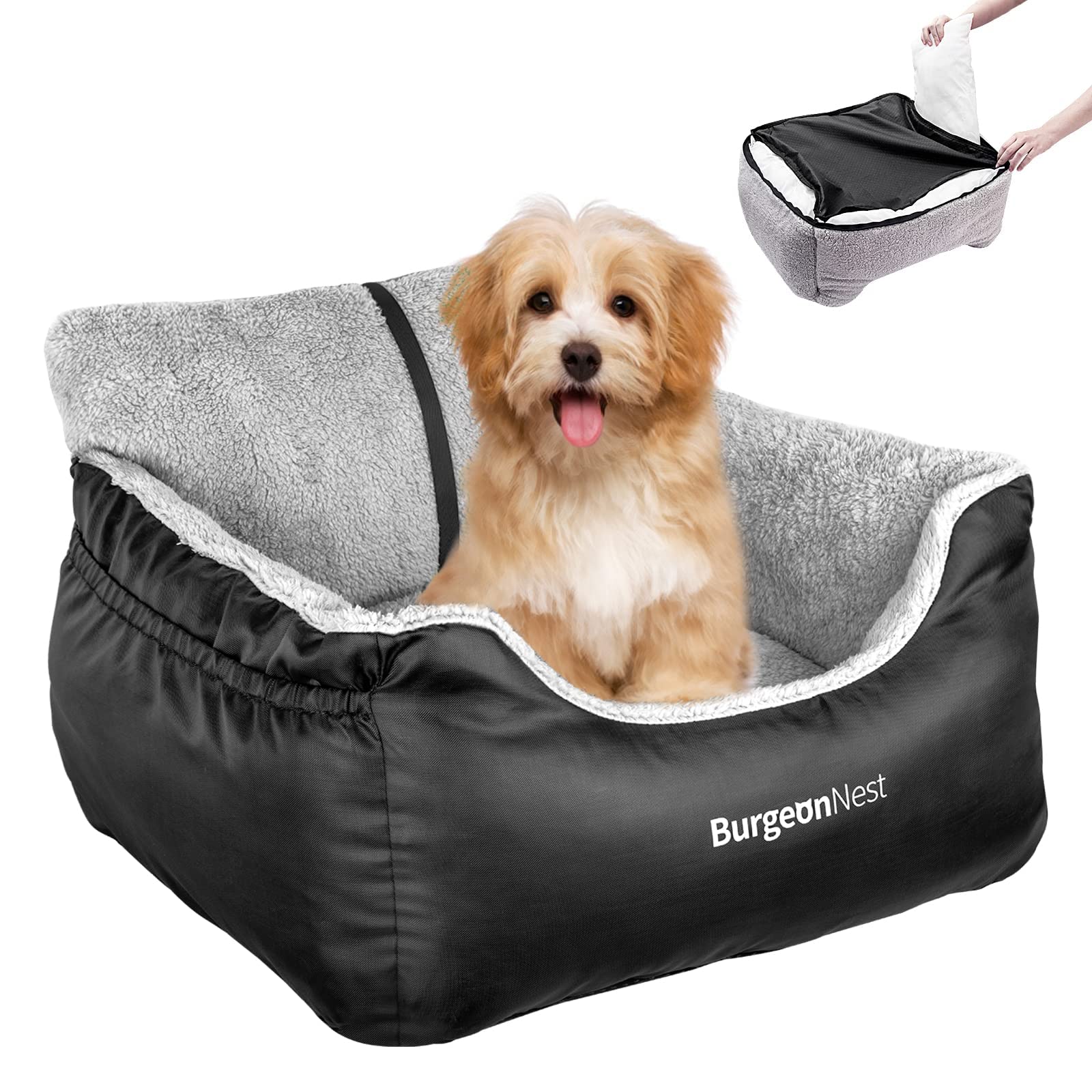 BurgeonNest Dog Car Seat for Small Dogs, Soft Pet Car Travel Home Bed Under 25 lbs, Fully Detachable and Washable Cat Booster Carseats with Storage Pockets and Clip-On Leash Portable Carrier,Black