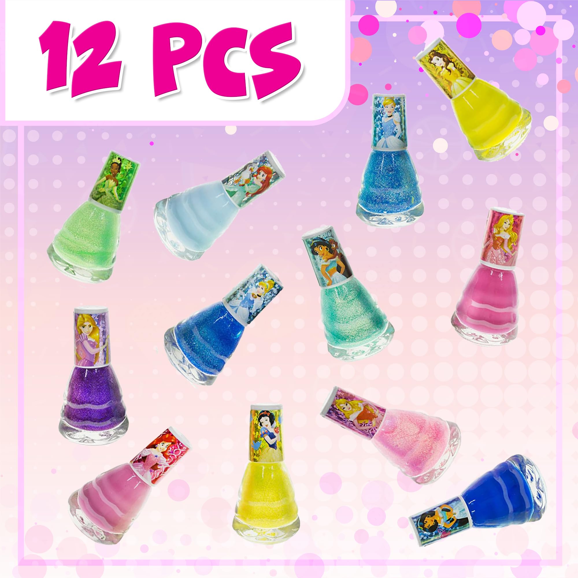 Townley Girl Disney Princess Non-Toxic Water-Based Peel-Off Quick Dry Nail Polish with Nail Separators|Gift Kit Set for Kids Girls|14 Pc Set - Perfect for Parties, Sleepovers and Makeovers