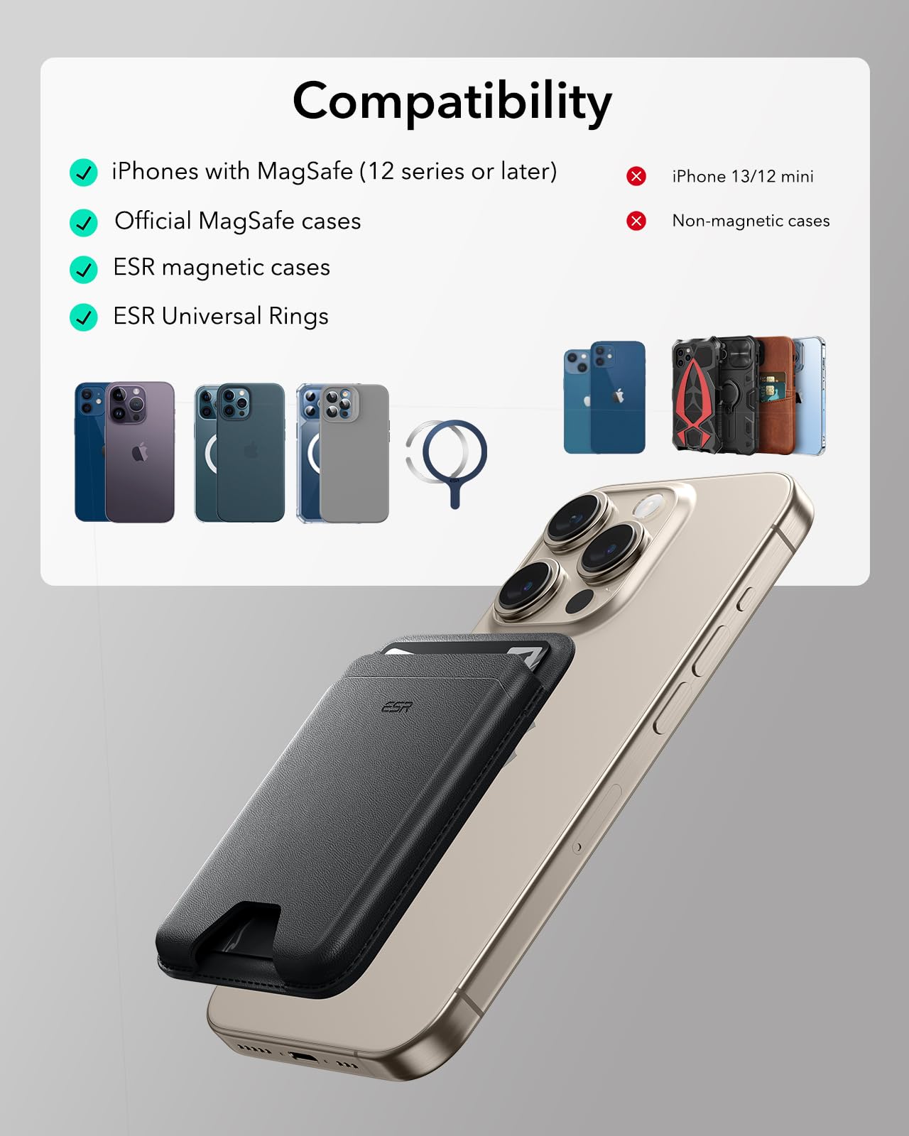 ESR for MagSafe Wallet, 5-Card Holder, Magnetic Wallet for iPhone, RFID Blocking, with 3,200 g Magnetic Strength, Vegan Leather, Slim for iPhone 17/16/15/14/13/12 Series, Not for 13/12 Mini, Black