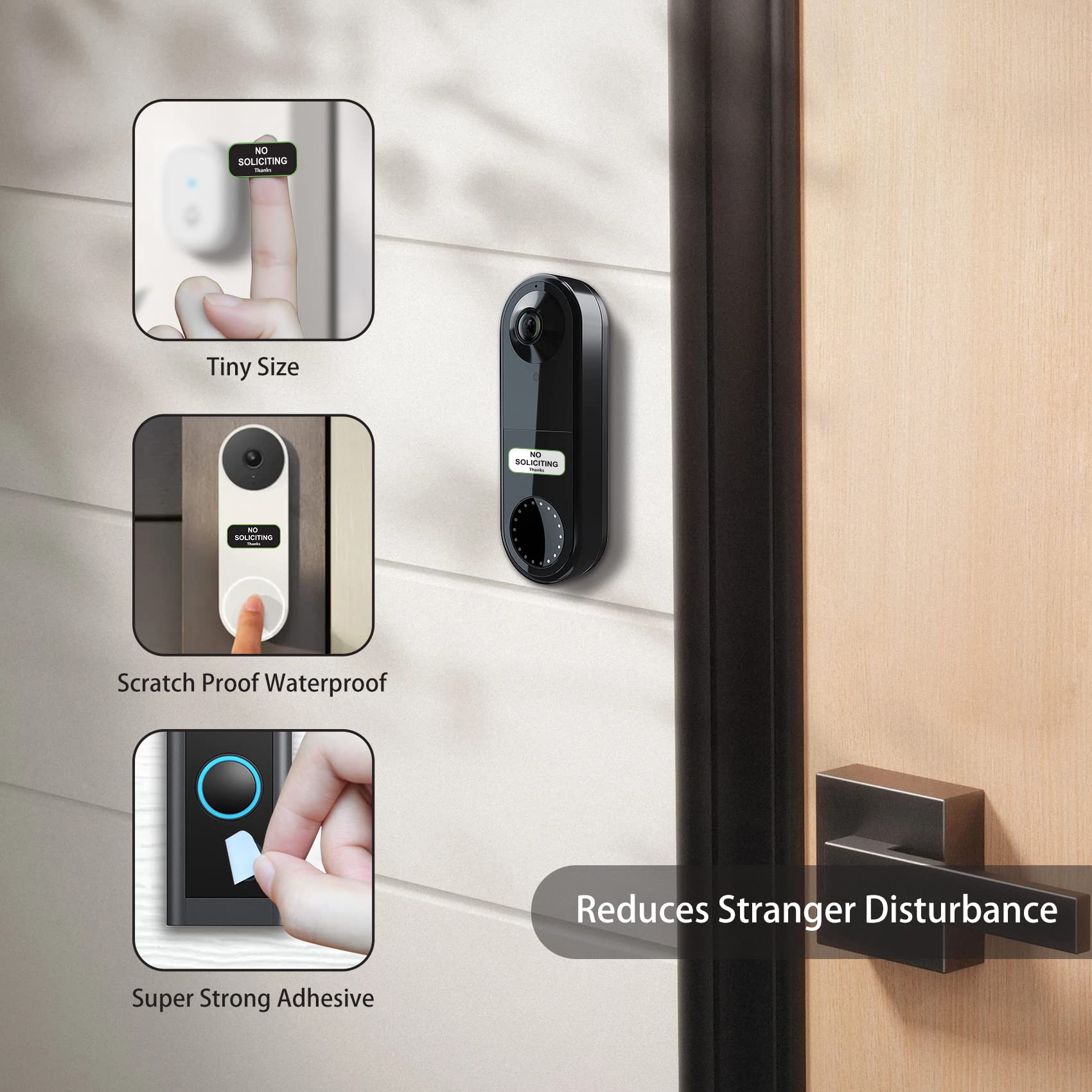 Small No Soliciting Sign for House,1x0.5 Inches Compatible with Most Doorbells,Weatherproof and Sturdy - Easy to Install (3 black and 3 white)