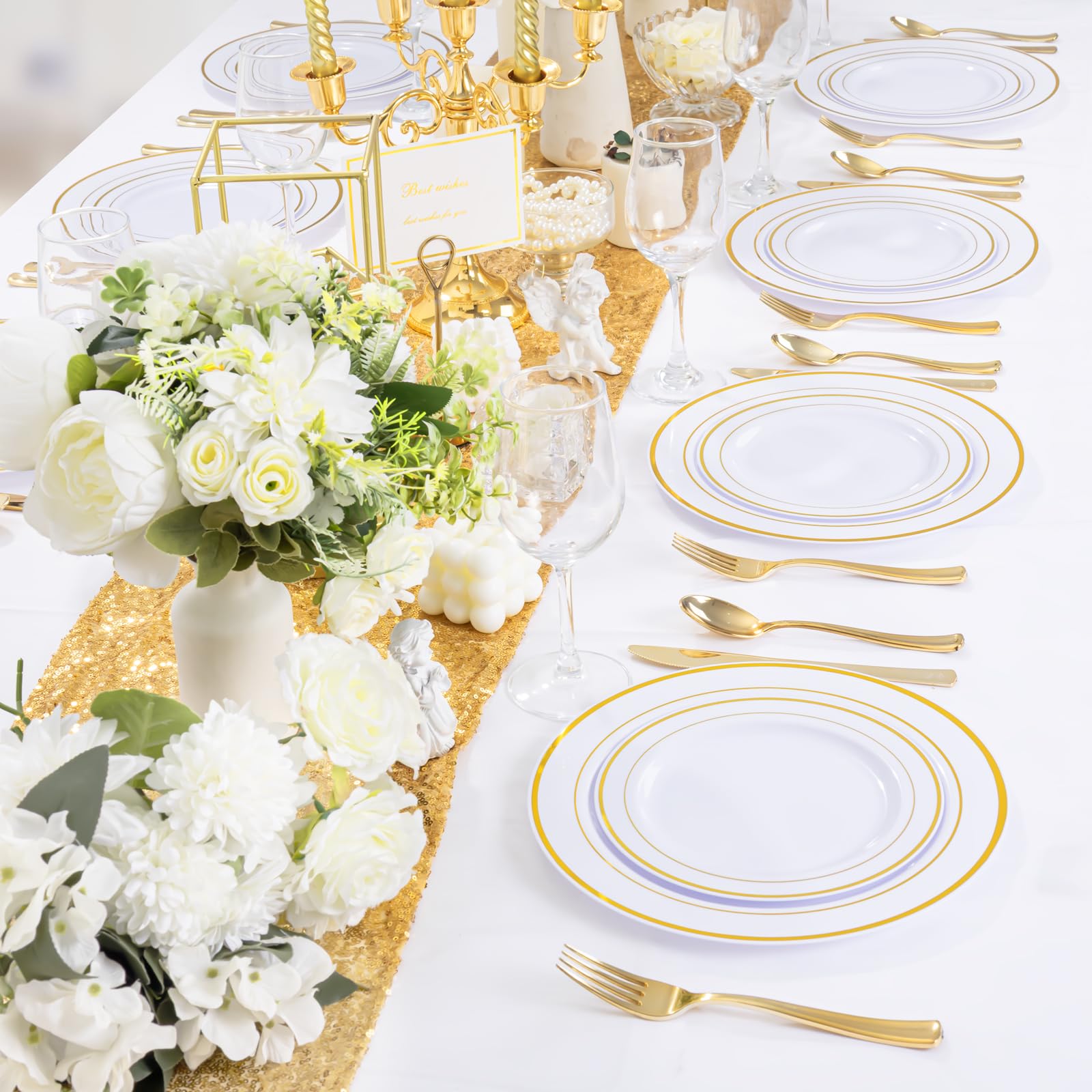 WDF300 Pieces Gold Plastic Silverware - Heavy Duty Disposable Cutlery Set Plastic Gold Silverware Set Includes 100 Forks, 100 Spoons, 100 Knives for Party