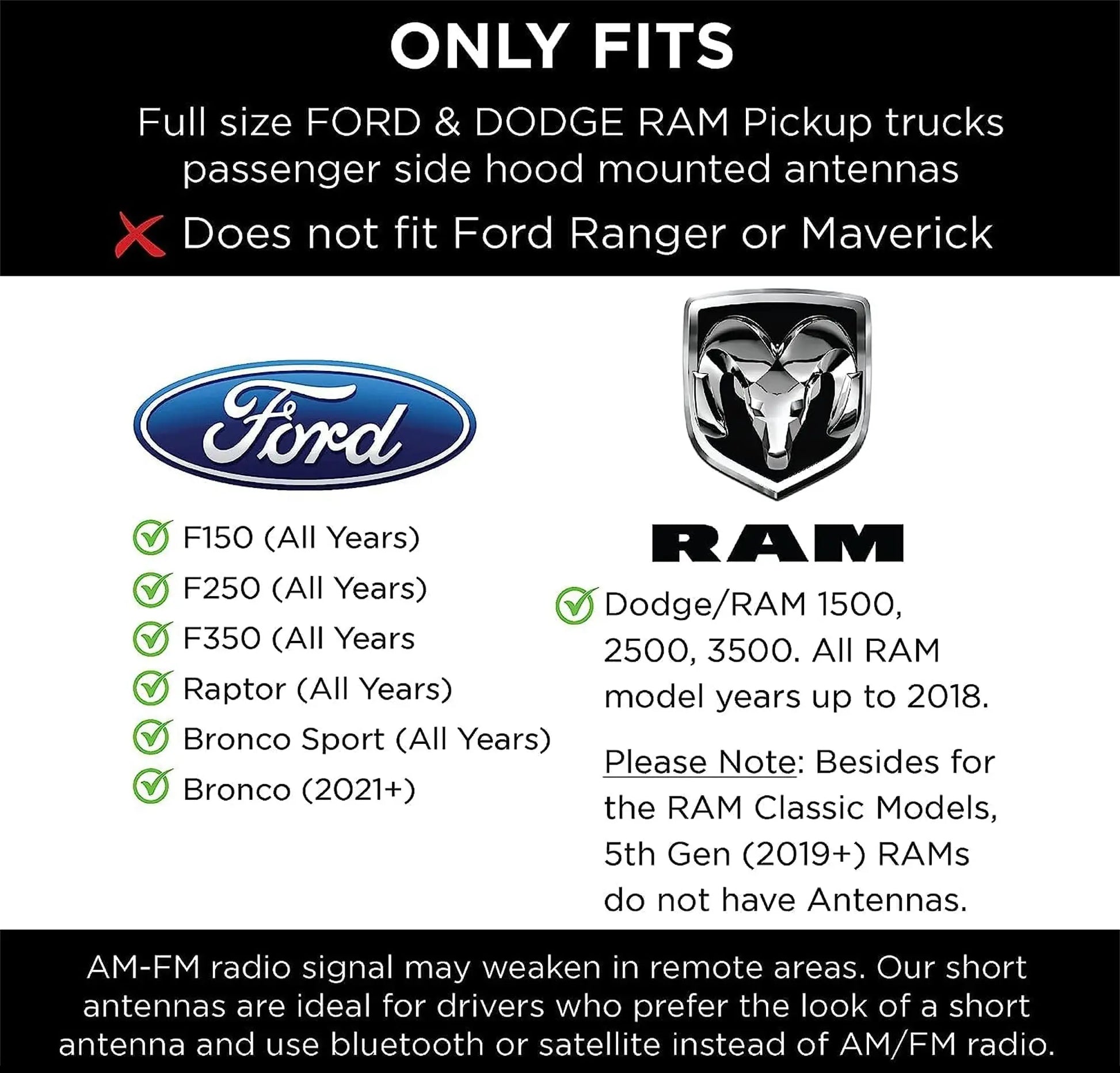 EcoAuto 50 Cal Bullet Antenna for Ford F150 F250 F350 & Dodge Ram & Ford Raptor Bronco - Instantly Upgrade Your Truck Look with F150 Antenna - Anti-Theft Antenna Topper - Matte Black Bullet Antenna