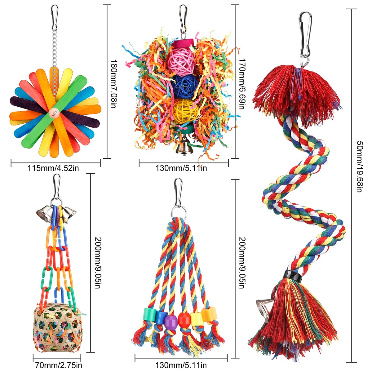 Bird Toys Rope Perch with Bell Colorful Bird Chewing Shredding Foraging Toys Parrot Swing Climbing Standing Hanging Toys Cage Accessories for Conure Cockatiel Budgies Lovebird